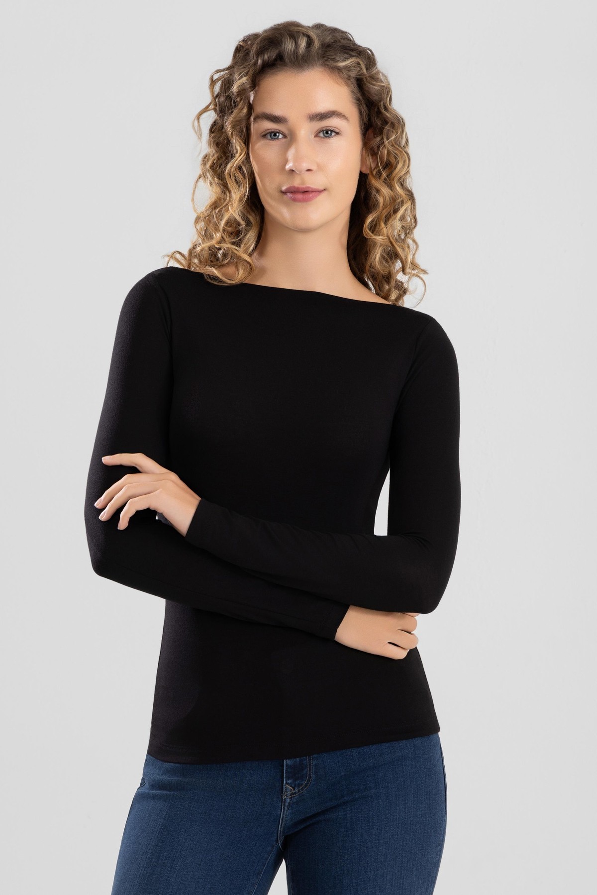 Kadın Modal Likralı Kayık Yaka Uzun Kollu Body 6318 Siyah