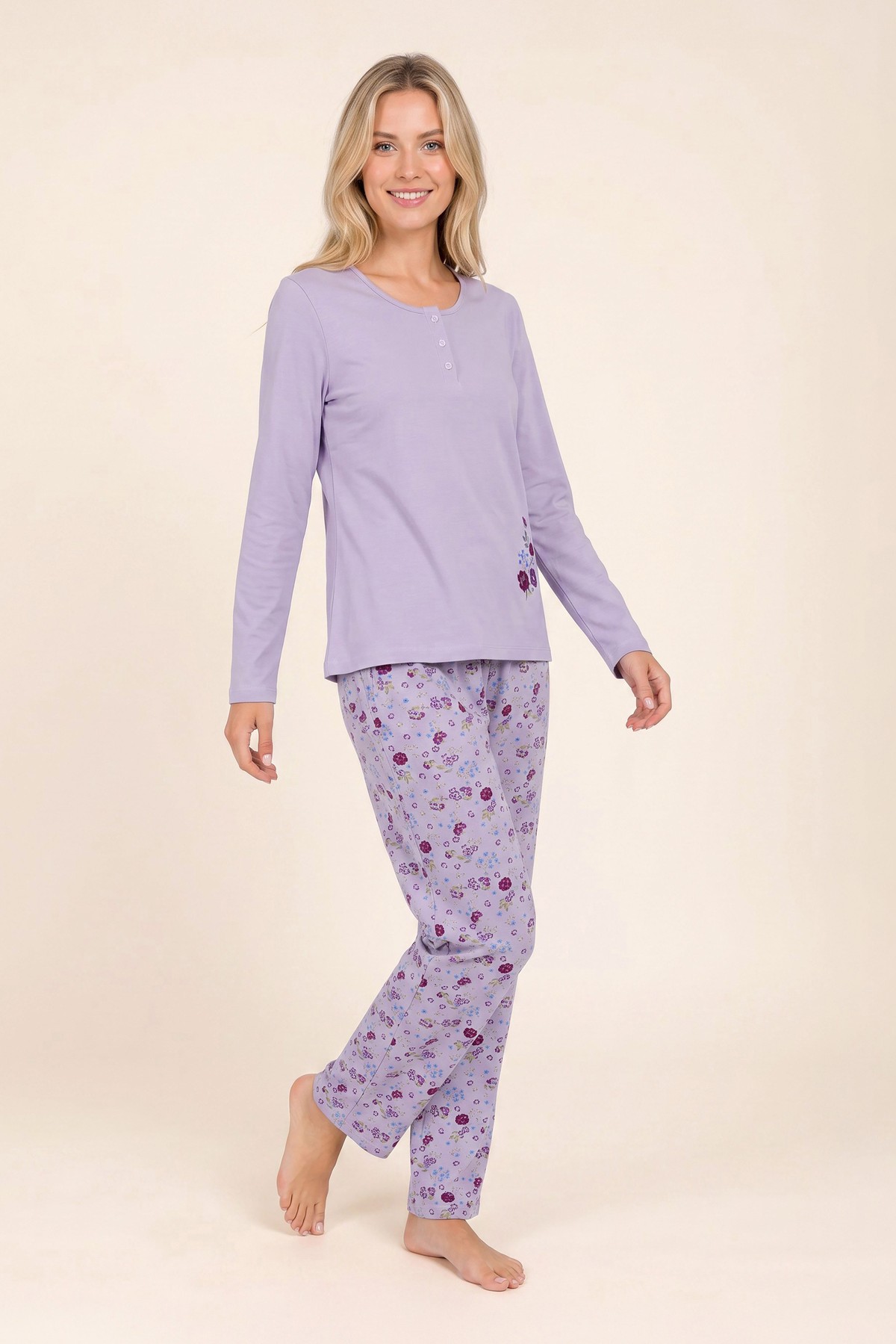 Kadın Pamuklu Bisiklet Yaka Çiçek Baskılı Uzun Kollu Pijama Takımı 9941 Lila