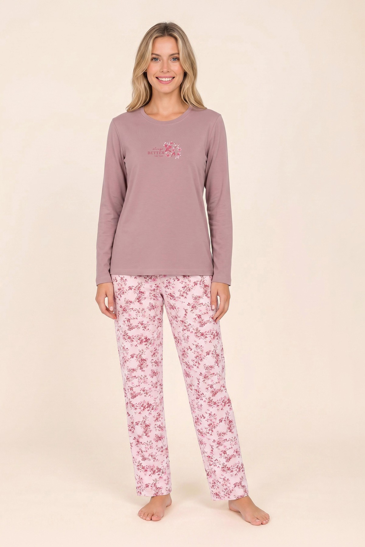 Kadın Pamuklu Bisiklet Yaka Çiçek Desenli Uzun Kollu Pijama Takımı 9936 Gül kurusu