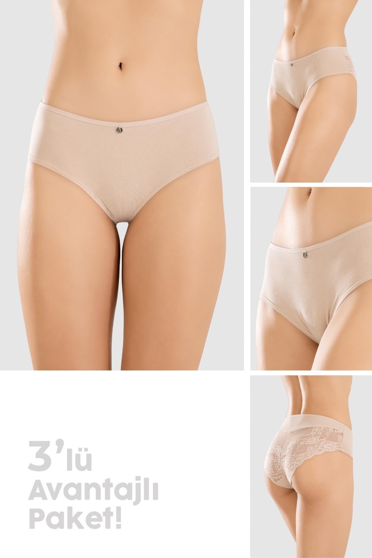 Kadın Pamuklu Likralı Arkası Dantelli Slip Külot 32lü Paket 8432 Ten Rengi