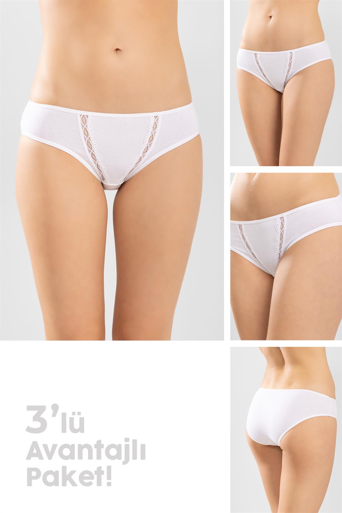 Kadın Pamuklu Zikzak İşlemeli Bikini Kesim Külot 3'lü Paket Beyaz