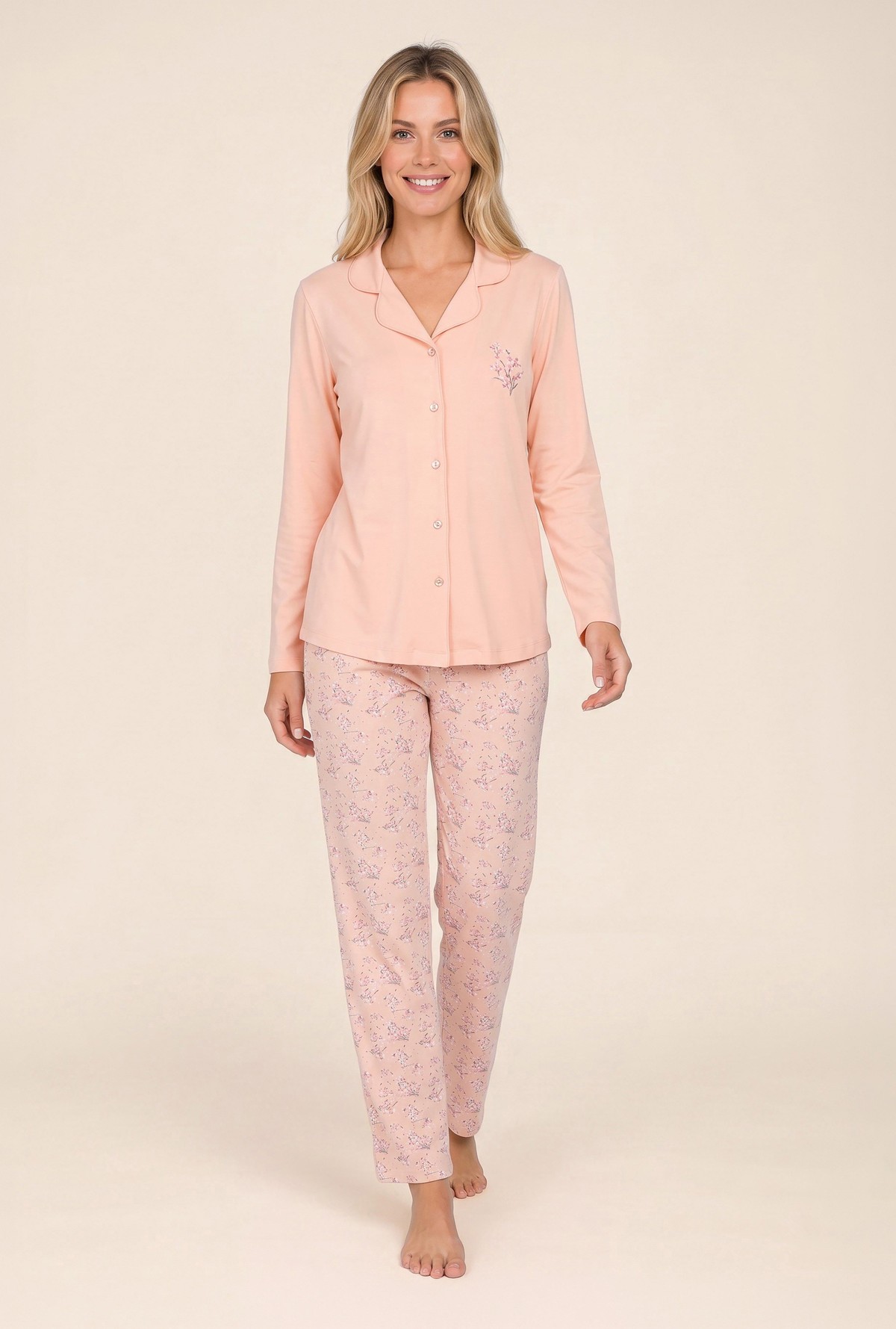 Kadın Viskon Gömlek Yaka Çiçek Baskılı Düğmeli Uzun Kollu Pijama Takımı 9927 Somon
