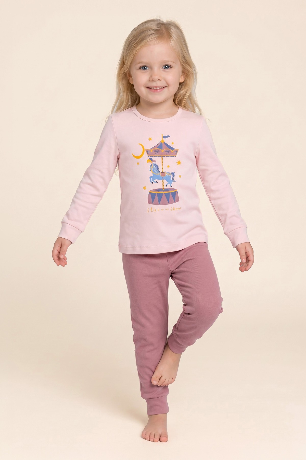Kız Çocuk Pamuklu Bisiklet Yaka Atlı Karınca Baskılı Uzun Kollu Pijama Takımı 9263 Pembe