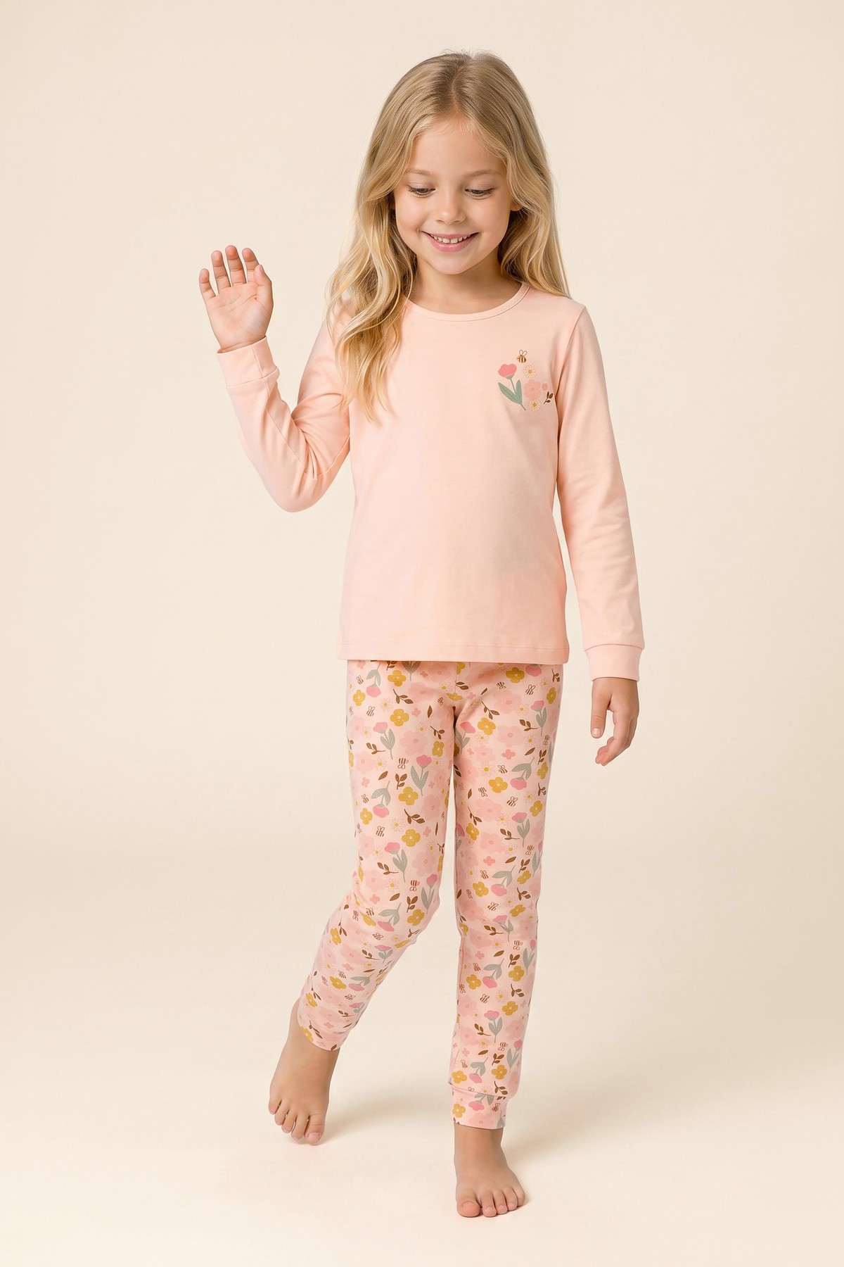 Kız Çocuk Pamuklu Bisiklet Yaka Çiçek Baskılı Uzun Kollu Pijama Takımı 9278 Pembe