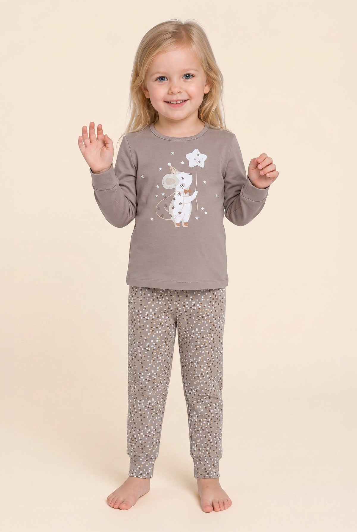 Kız Çocuk Pamuklu Bisiklet Yaka Fare Baskılı Uzun Kollu Pijama Takımı 9265 Kahve