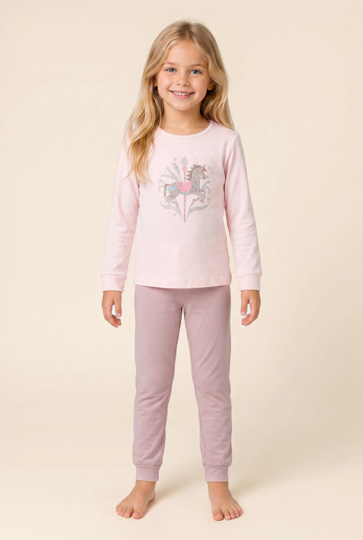 Kız Çocuk Pamuklu Bisiklet Yaka Işıltılı At Baskılı Uzun Kollu Pijama Takımı 9272 Pembe