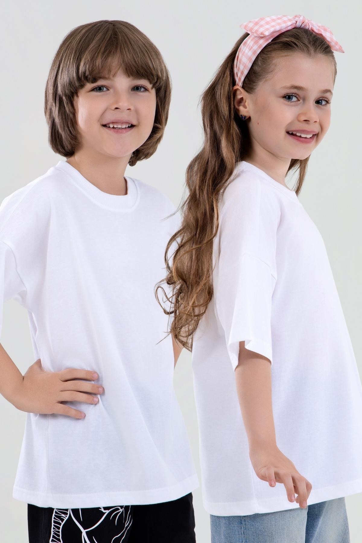 Unisex Çocuk Bisiklet Yaka Kısa Kol %100 Pamuk Oversize Tişört Beyaz