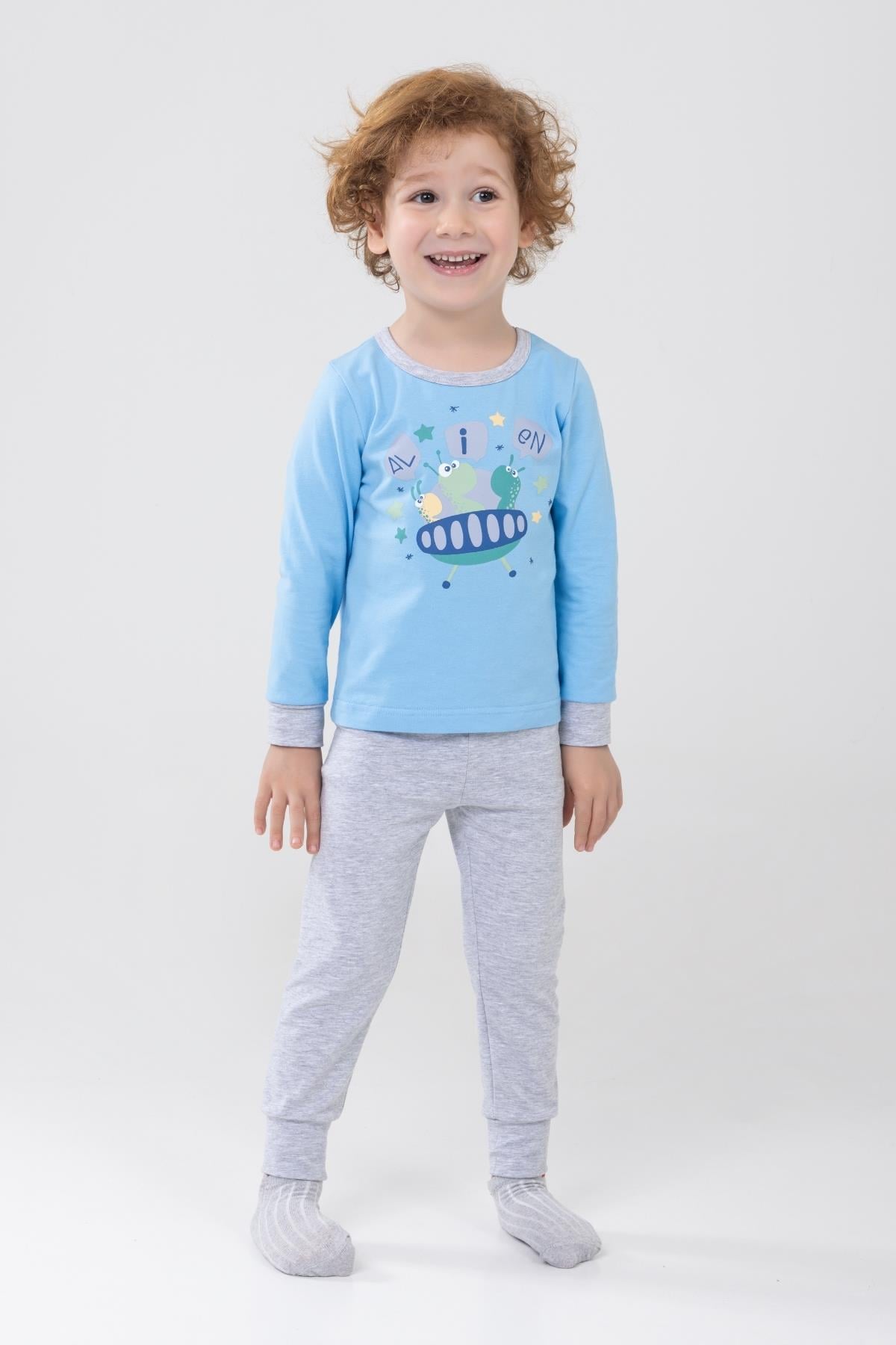 Erkek Çocuk Pamuklu Baskılı Bisiklet Yaka Uzun Kollu Manşetli Pijama Takımı 9602-1 Açık Mavi