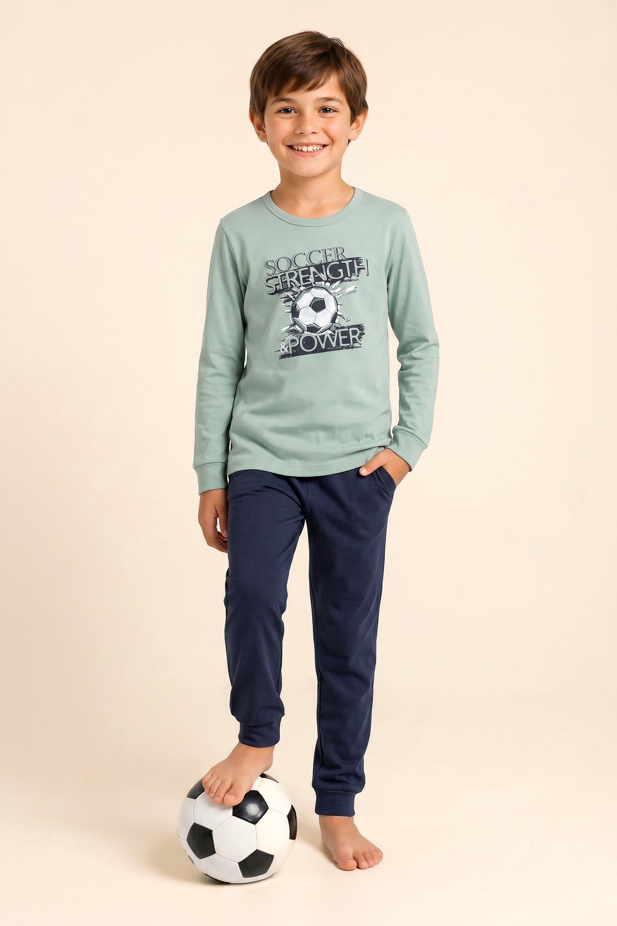 Erkek Çocuk Pamuklu Bisiklet Yaka Futbol Topu Baskılı Uzun Kollu Pijama Takımı 9669 Yeşil