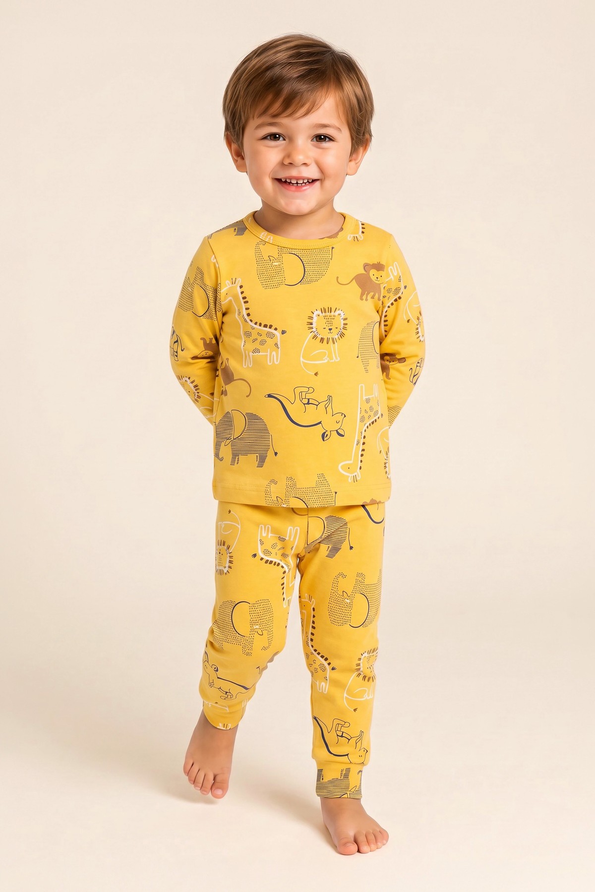 Erkek Çocuk Pamuklu Bisiklet Yaka Hayvan Figürleri Baskılı Uzun Kollu Pijama Takımı 9657 Sarı Sarı