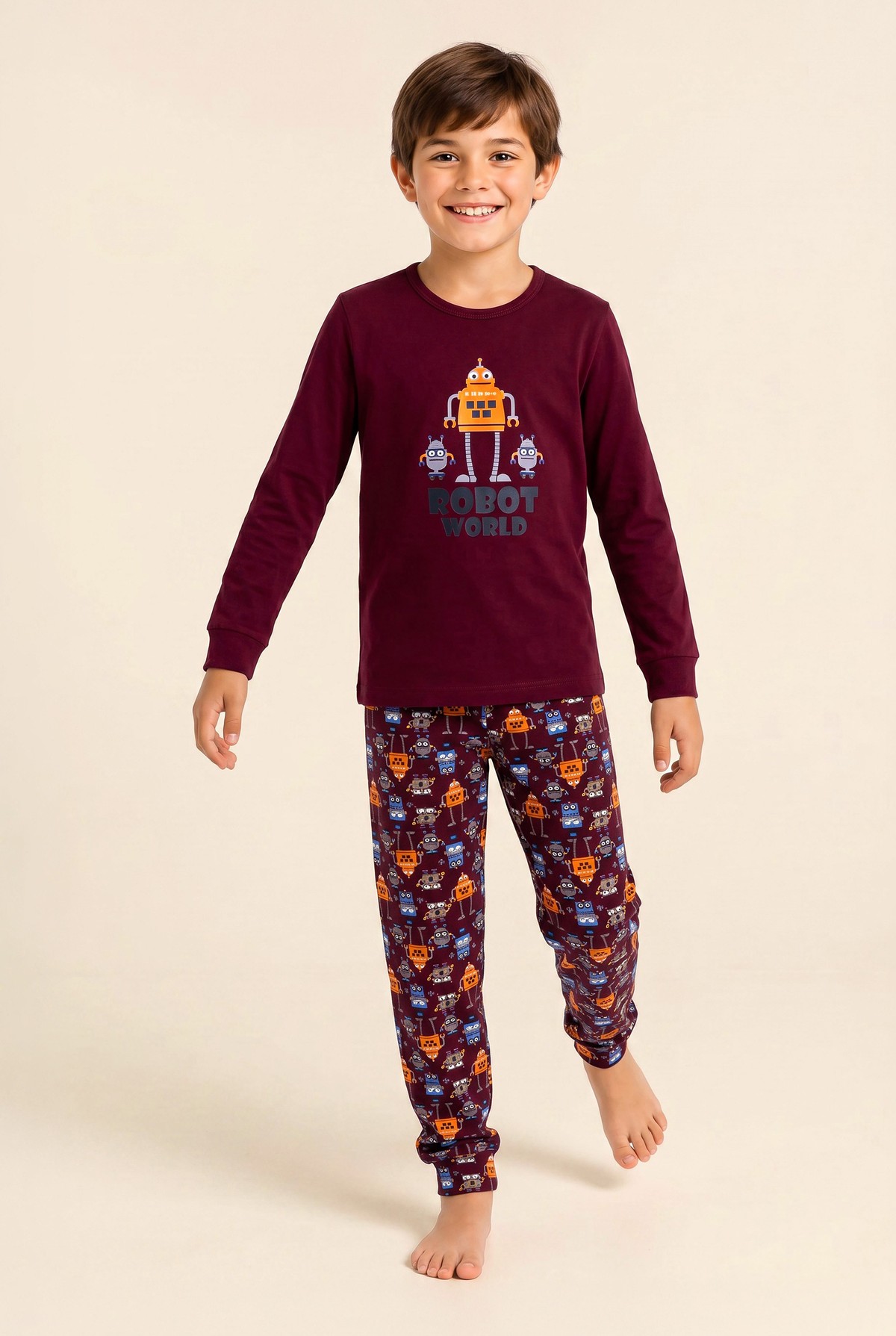 Erkek Çocuk Pamuklu Bisiklet Yaka Robot Baskılı Uzun Kollu Pijama Takımı 9667 BORDO