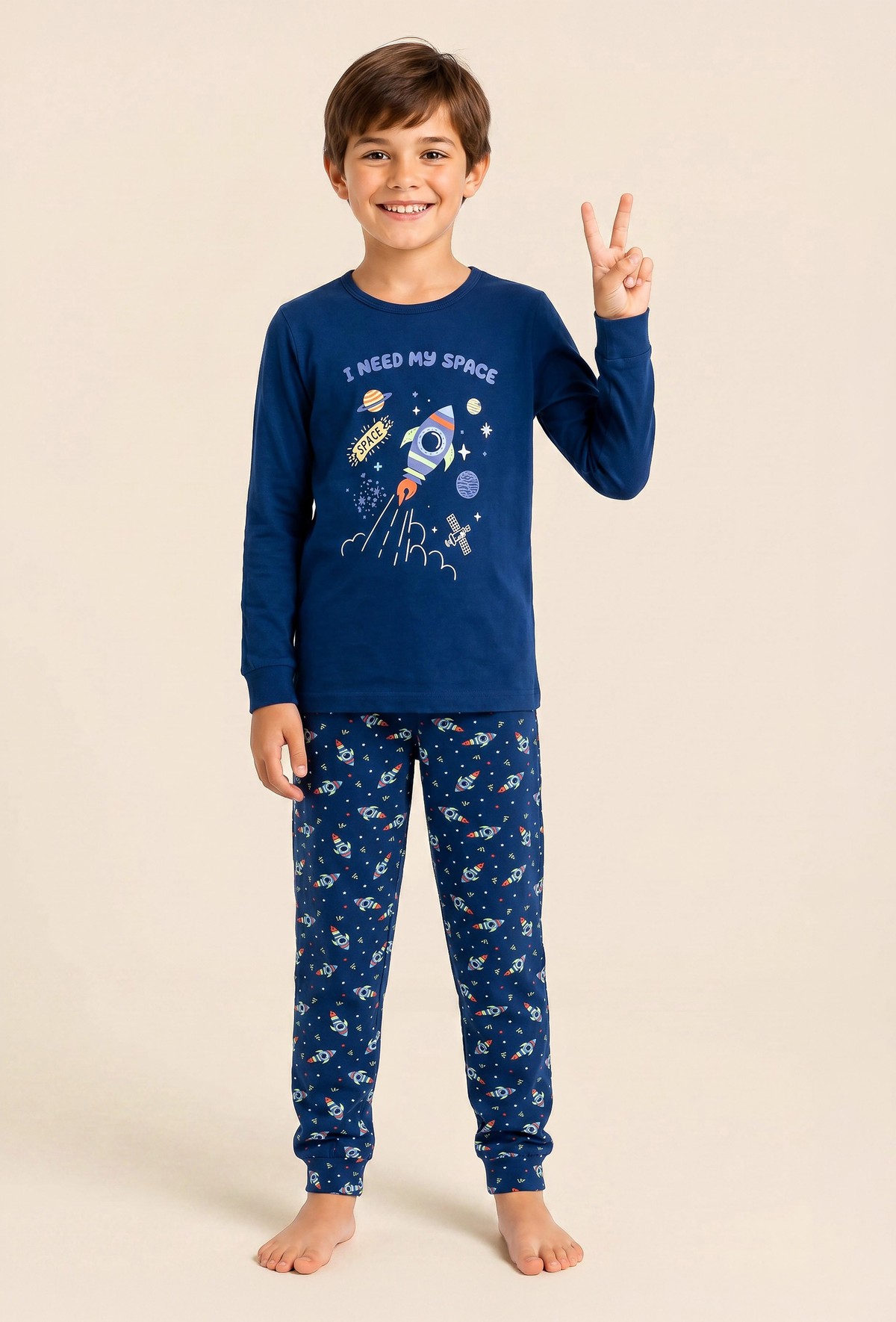 Erkek Çocuk Pamuklu Bisiklet Yaka Uzay Baskılı Uzun Kollu Pijama Takımı 9662 Lacivert