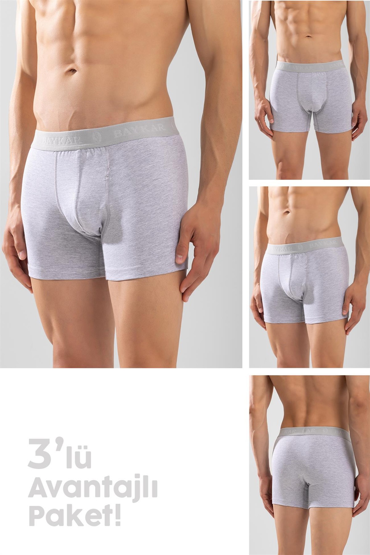 Erkek Compact Pamuklu Düz Boxer 3'lü Paket Gri Melanj