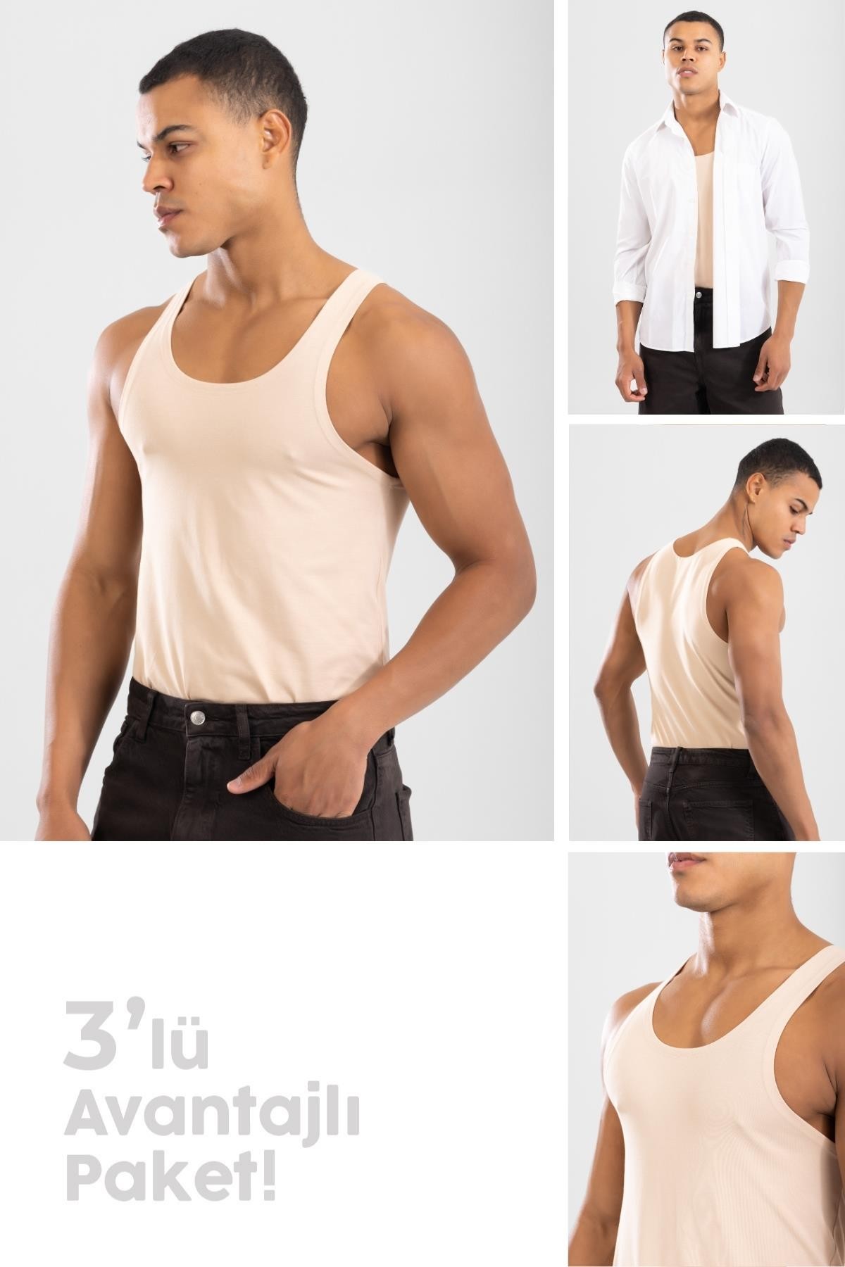Erkek Gömlek Altı Slim Fit Pamuklu Görünmez Atlet Ten Rengi 3'lü Paket