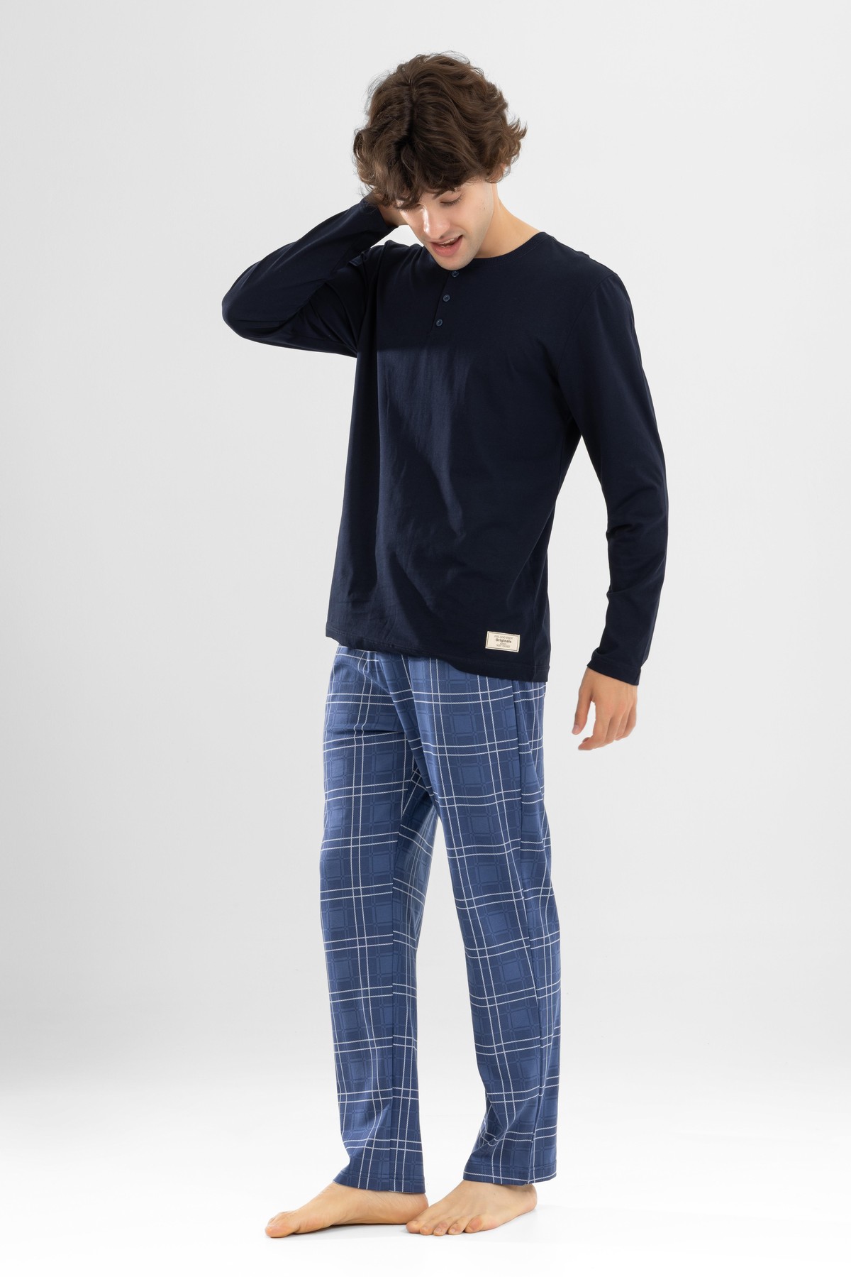 Erkek Pamuklu Bisiklet Yaka Baskılı Uzun Kollu Pijama Takımı 9803 Lacivert