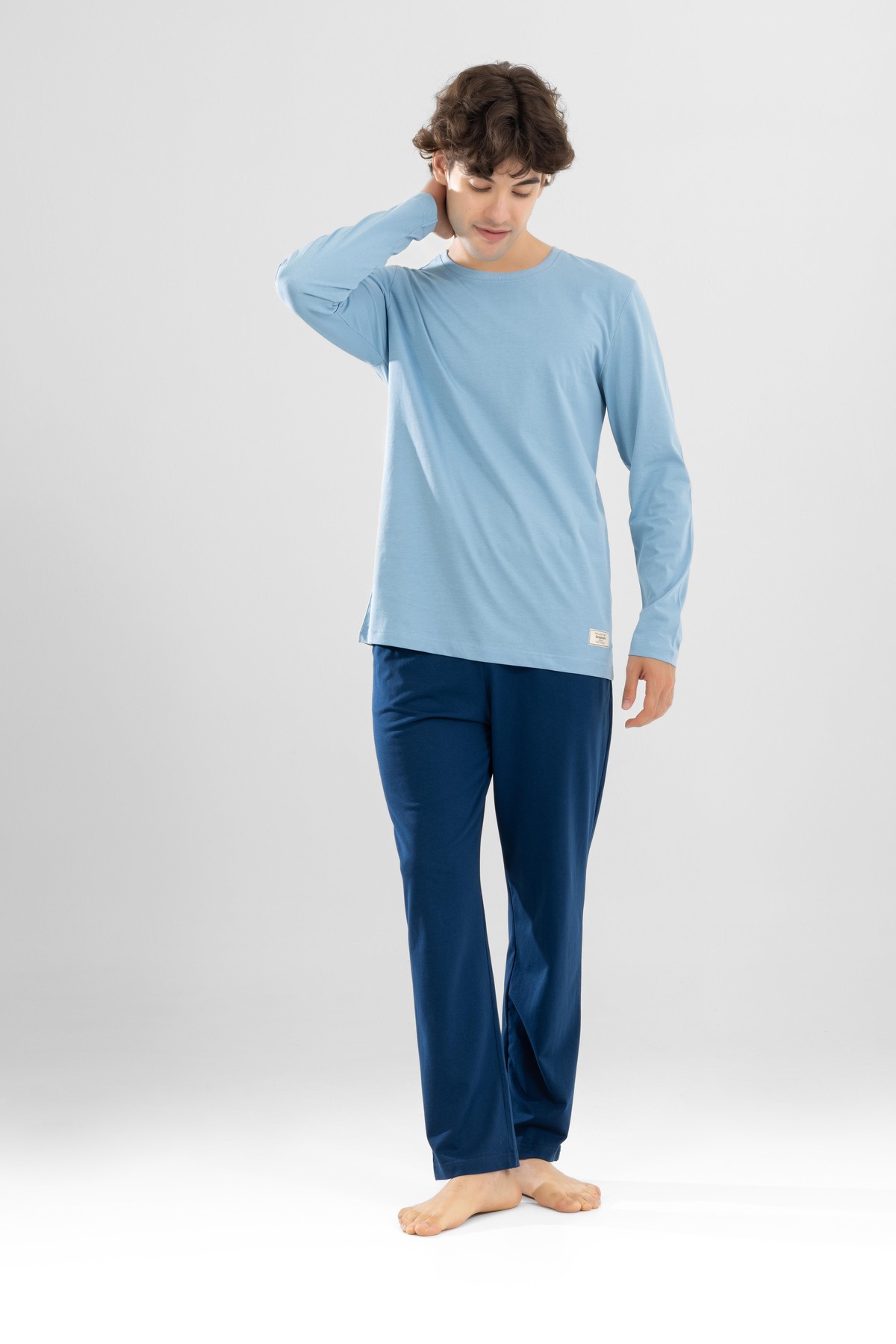 Erkek Pamuklu Bisiklet Yaka Baskılı Uzun Kollu Pijama Takımı 9806 Mavi
