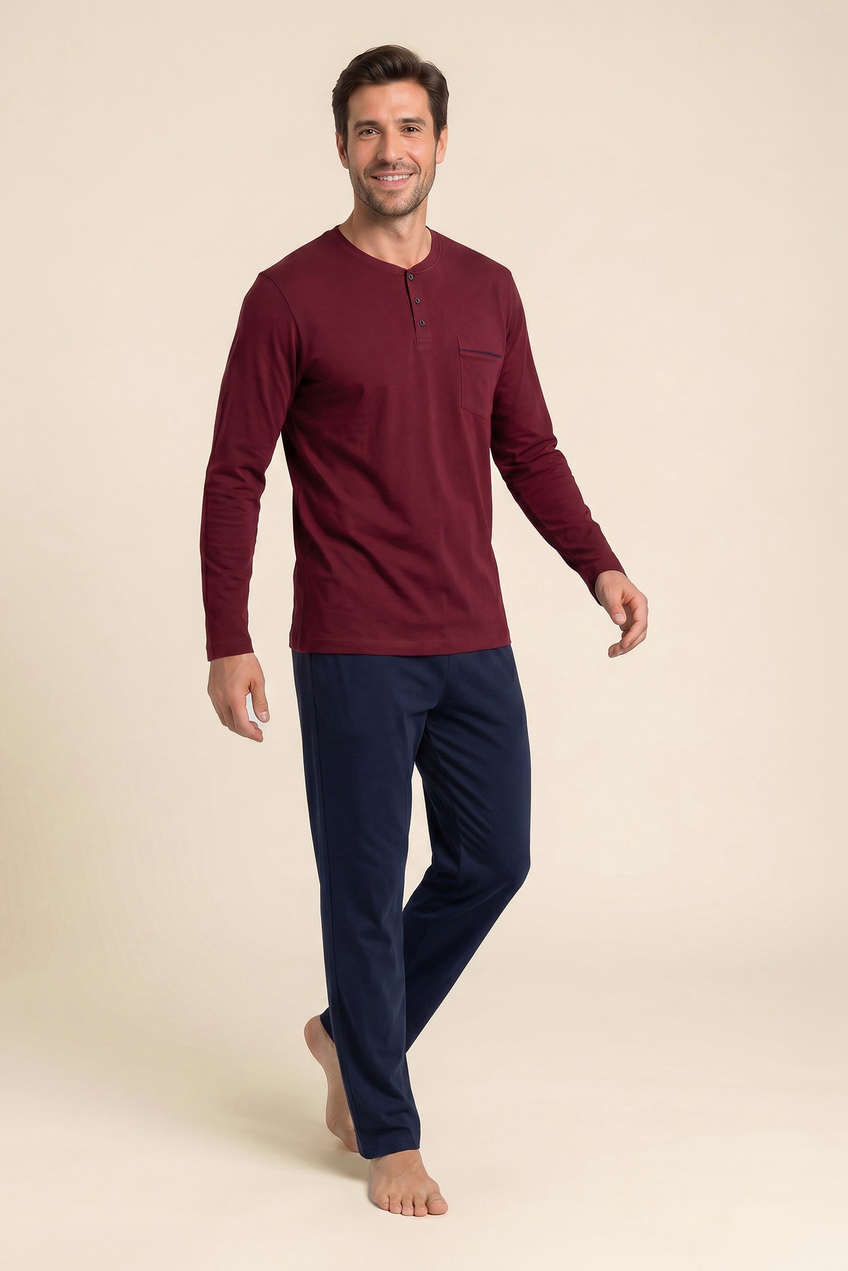 Erkek Pamuklu Bisiklet Yaka Uzun Kollu Pijama Takımı 9809 BORDO