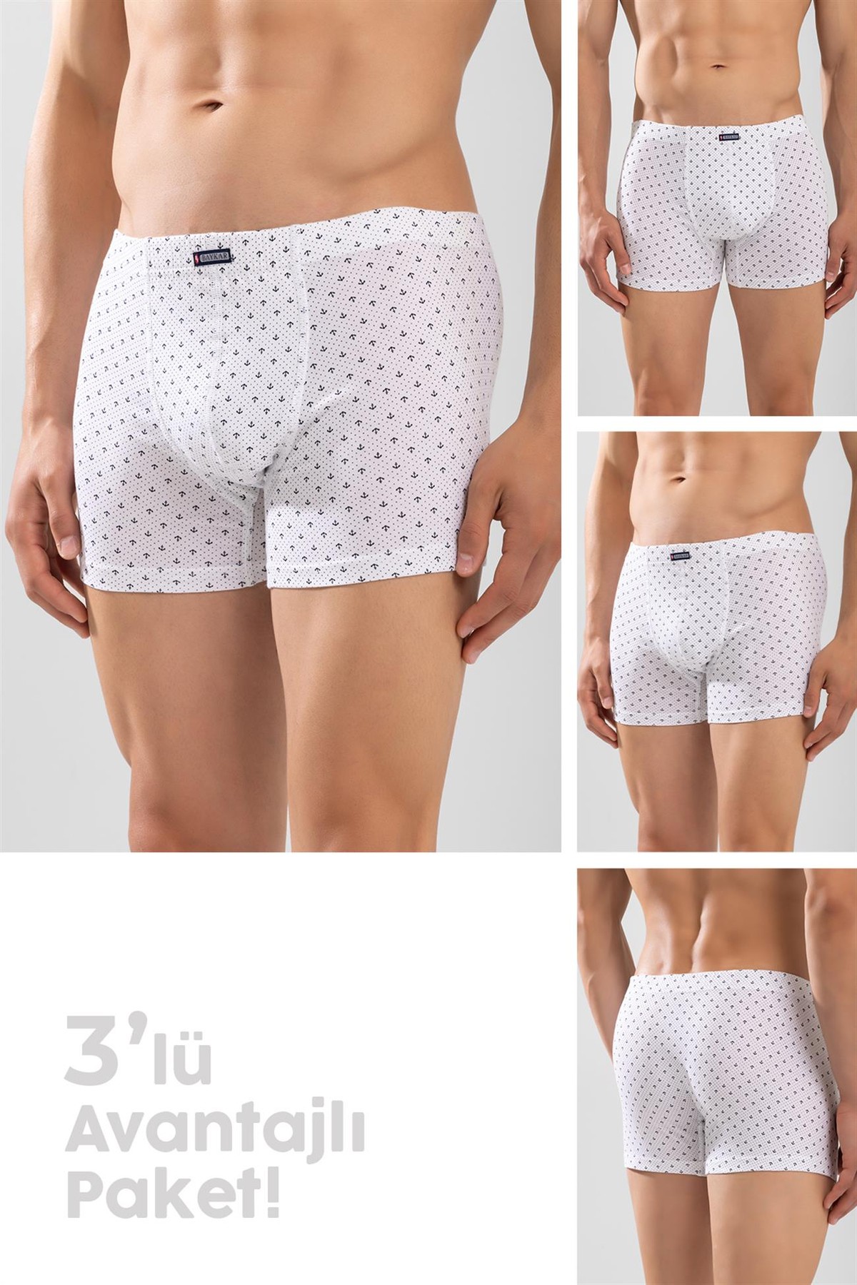 Erkek Pamuklu Compact Likralı Desenli Boxer3'lü Paket Beyaz