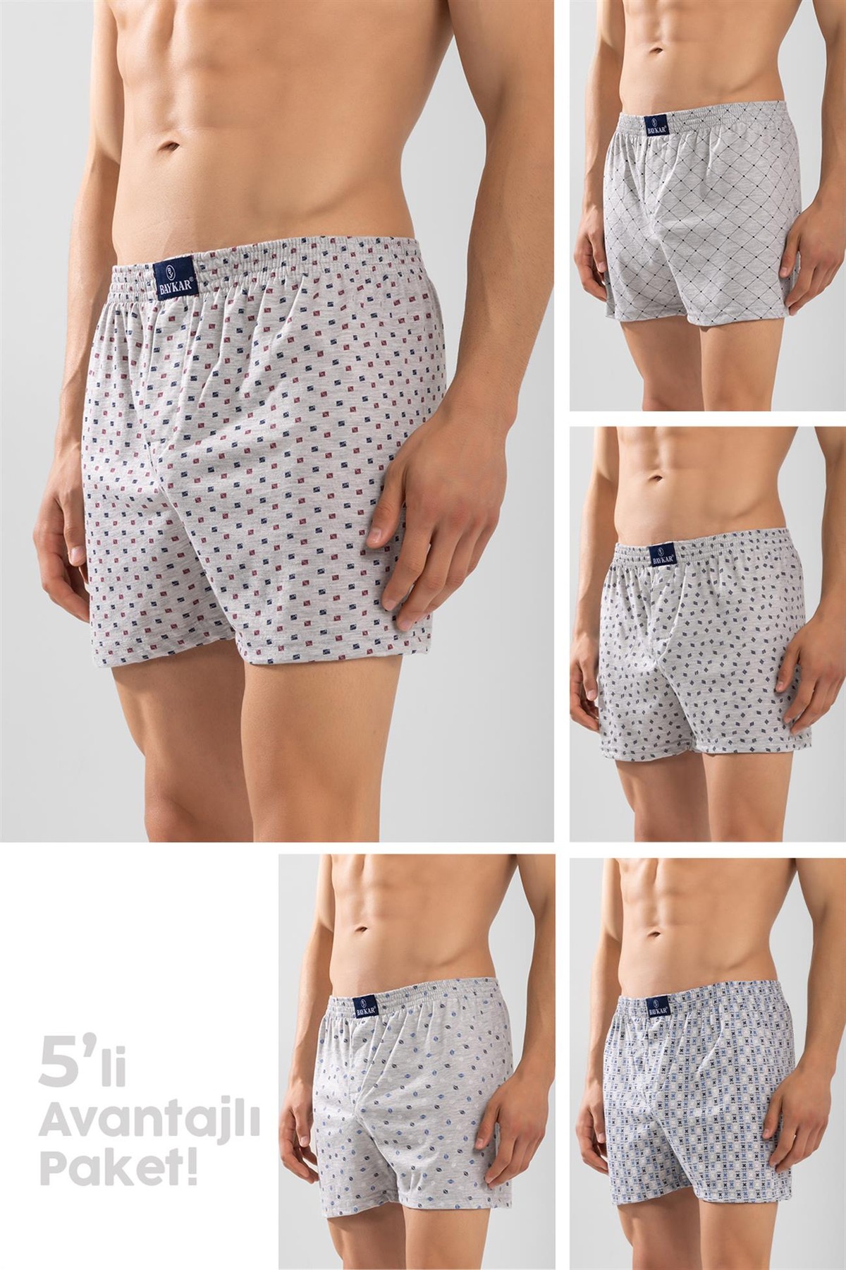 Erkek Pamuklu Klasik Rahat Kesim Desenli Boxer 5'li Paket Boyalı Gri