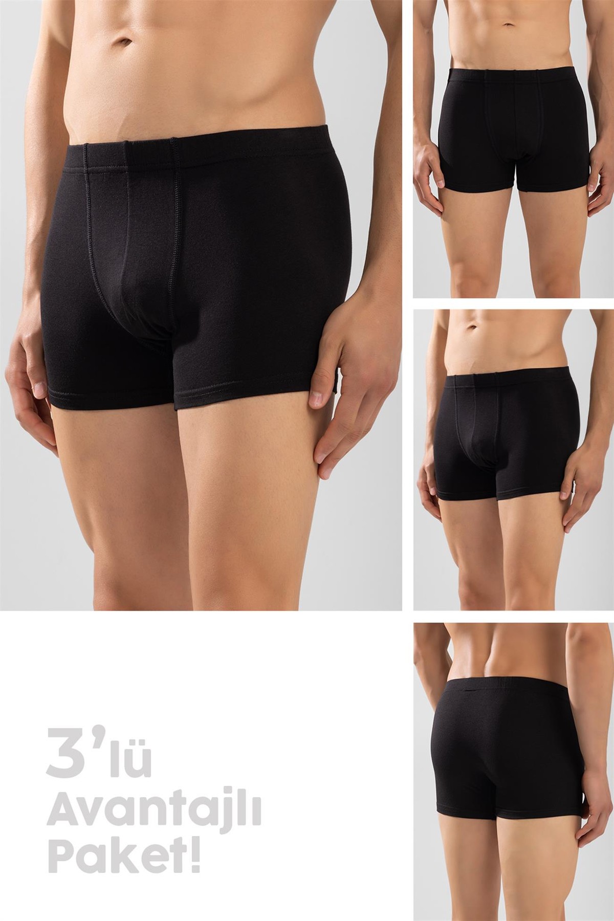 Erkek Pamuklu Likralı Düz Boxer3'lü Paket Siyah