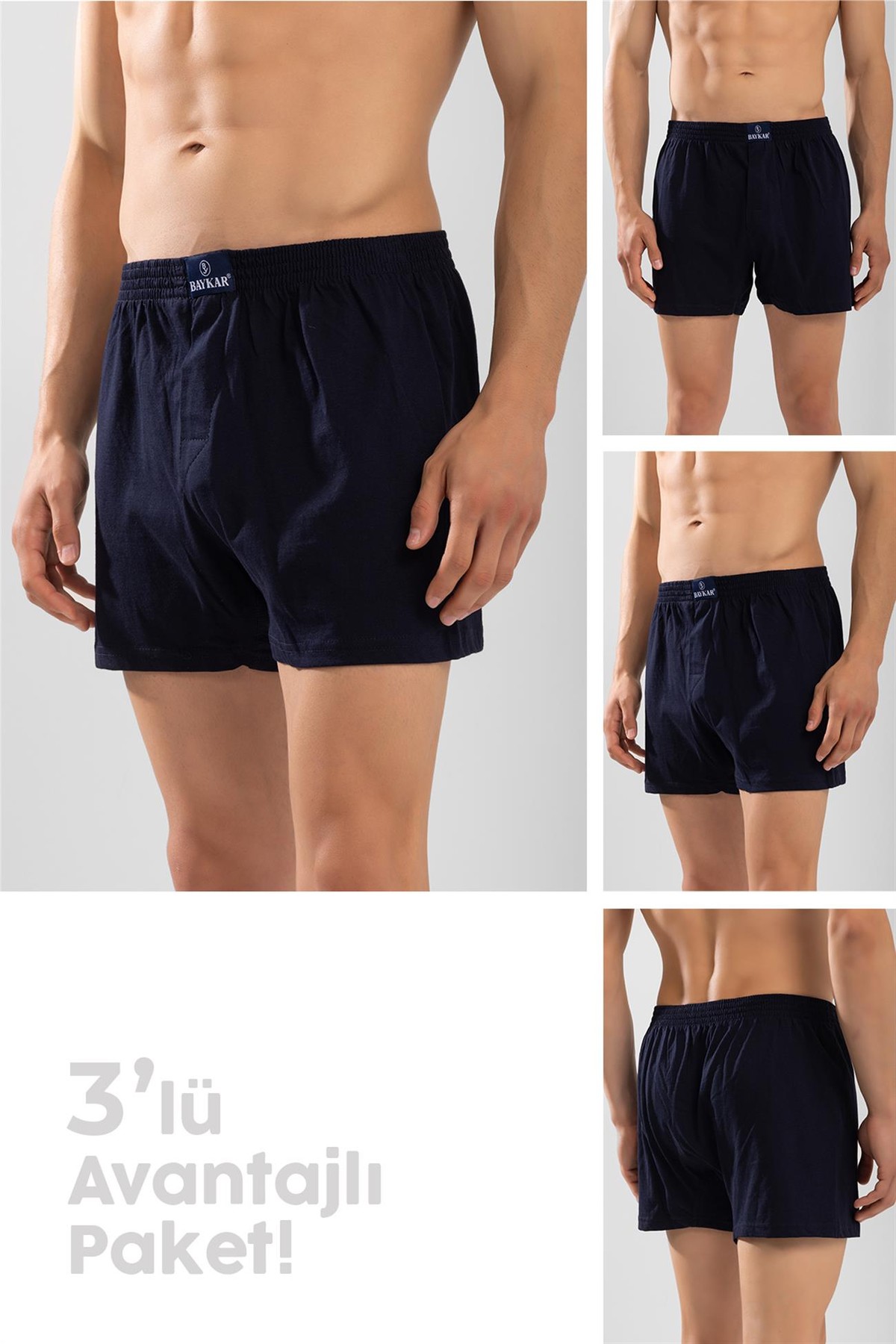Erkek Pamuklu Rahat Kesim Havlu Bel Boxer 3'lü Paket Lacivert