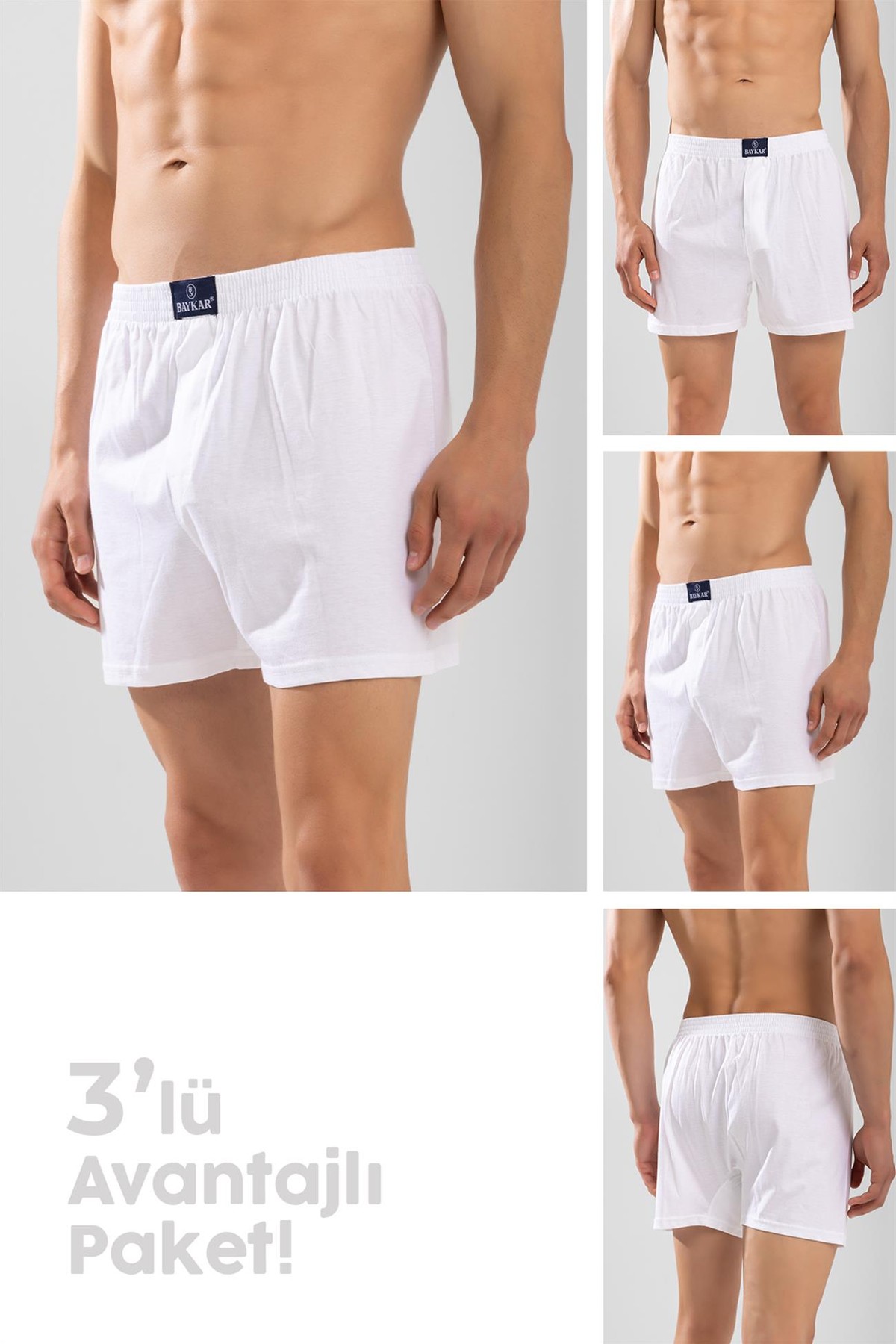 Erkek Pamuklu Rahat Kesim Havlu Bel Boxer 3'lü Paket Beyaz