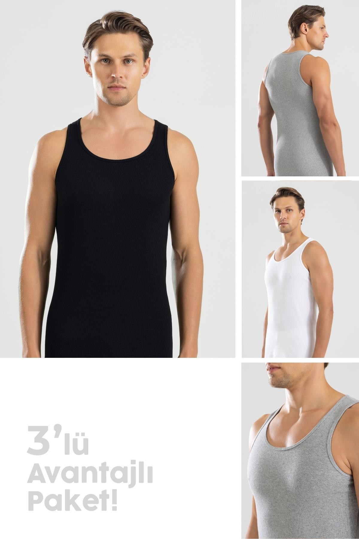 Erkek Slim Fit Esnek Pamuklu Ribana Atlet Renkli 3lü Paket