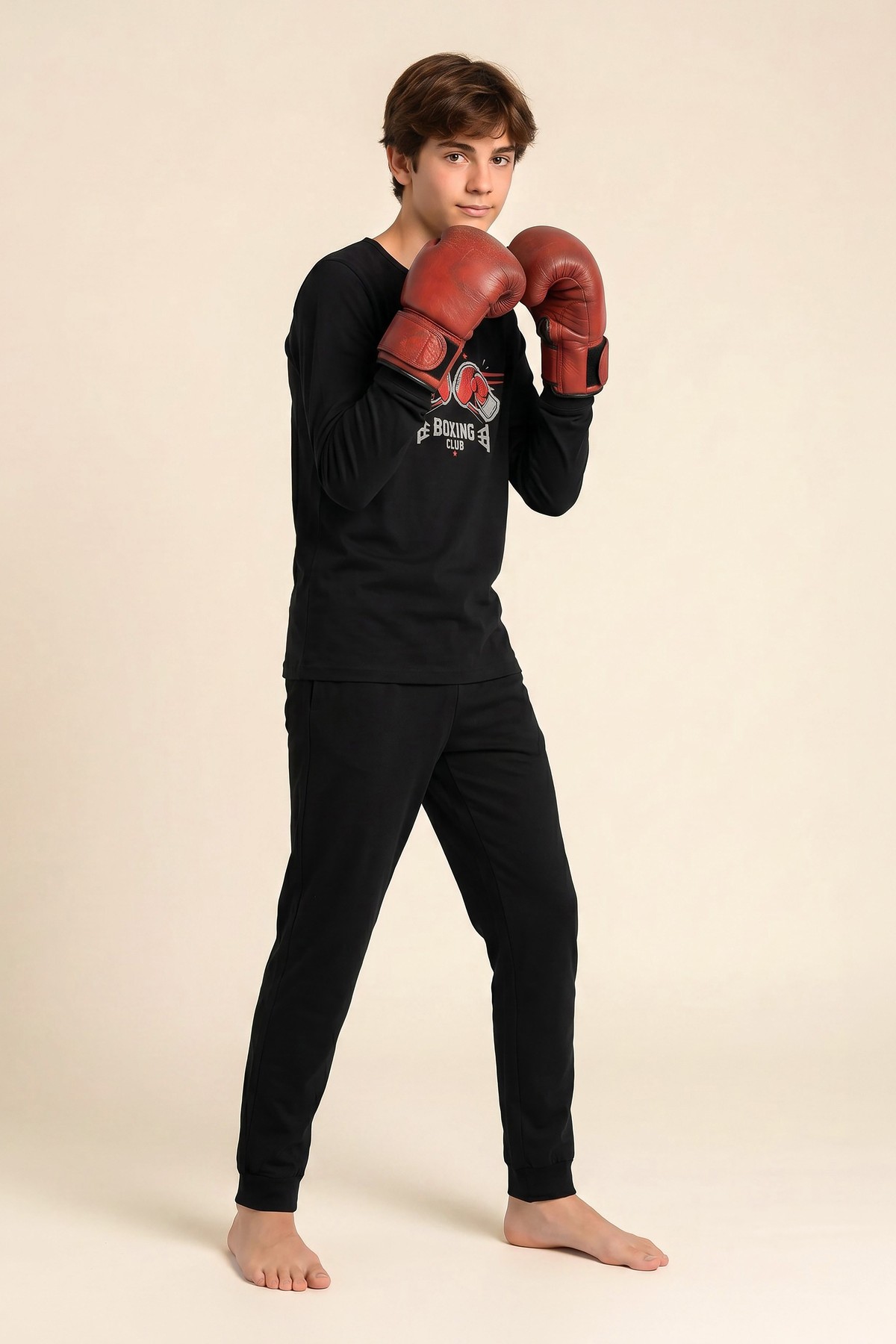 Genç Erkek Çocuk Pamuklu Bisiklet Yaka Boxing Club Baskılı Uzun Kollu Pijama Takımı 9689 Siyah