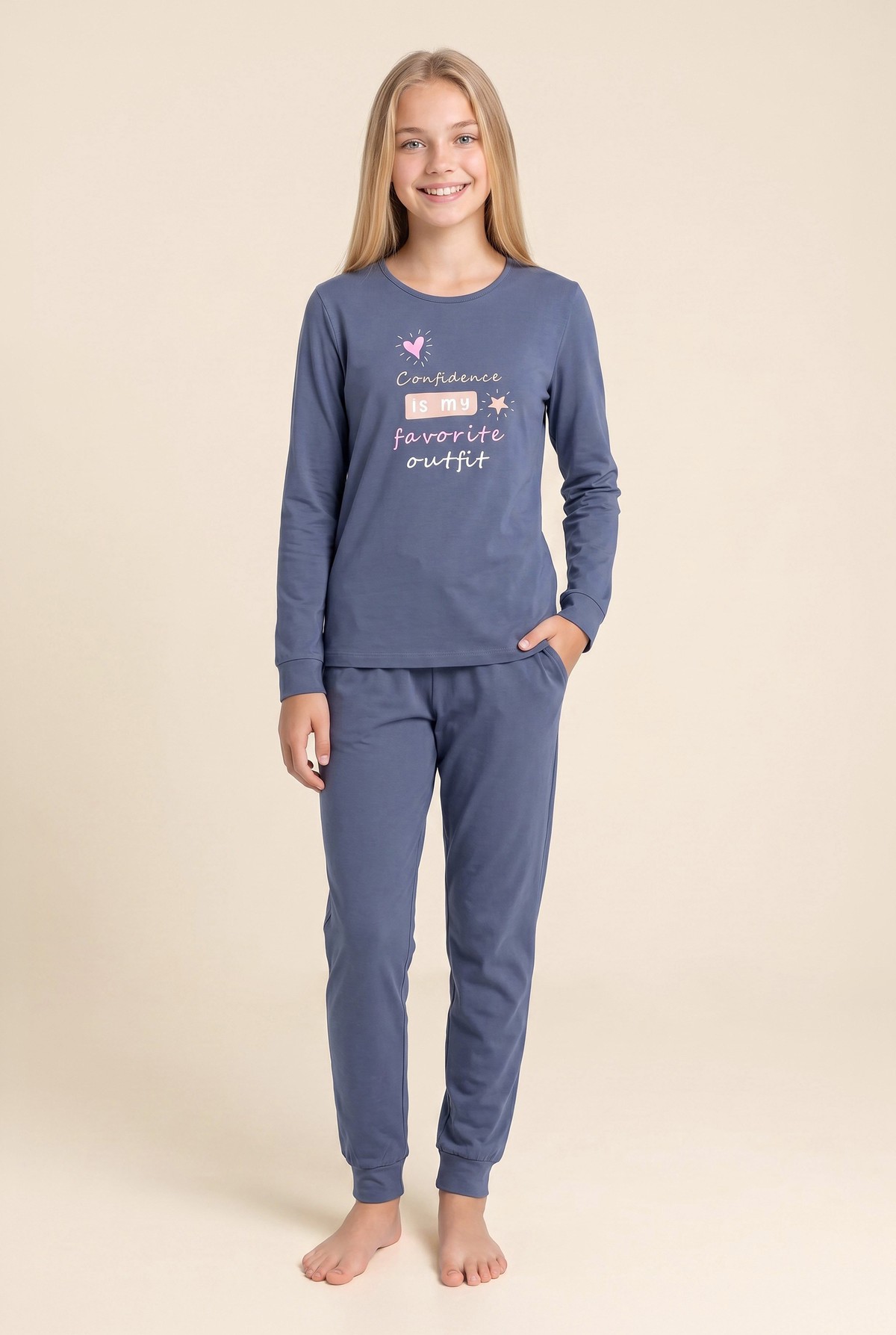 Genç Kız Çocuk Pamuklu Bisiklet Yaka Baskılı Uzun Kollu Pijama Takımı 9285 Lacivert