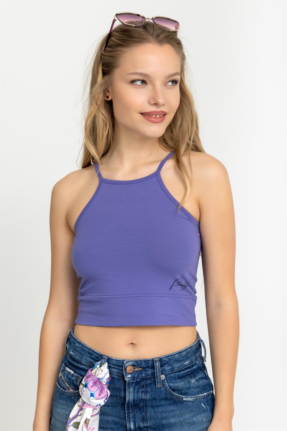 Kadın Halter Yaka İnce Askılı Crop Bluz Mor