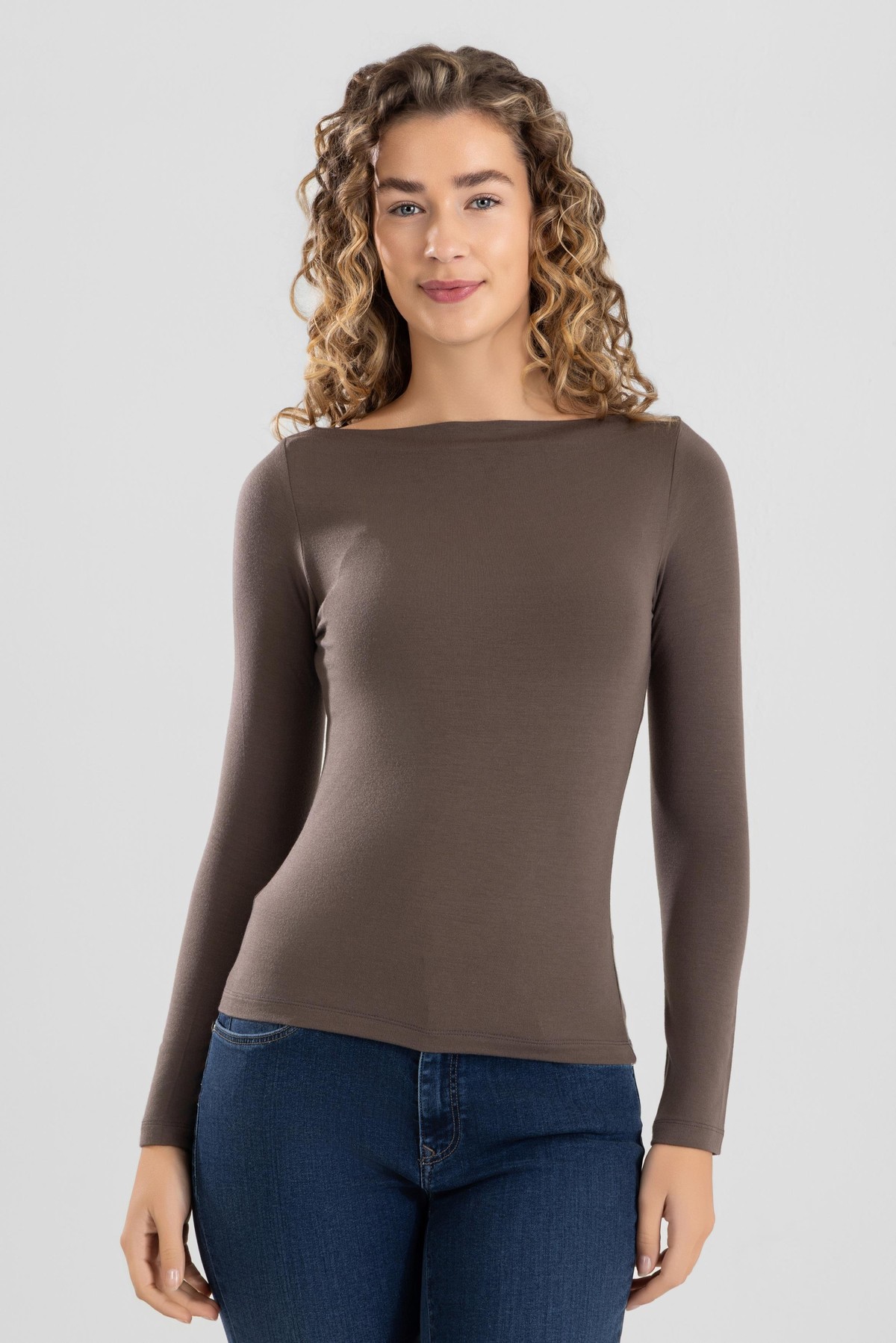 Kadın Modal Likralı Kayık Yaka Uzun Kollu Body 6318 Kahve