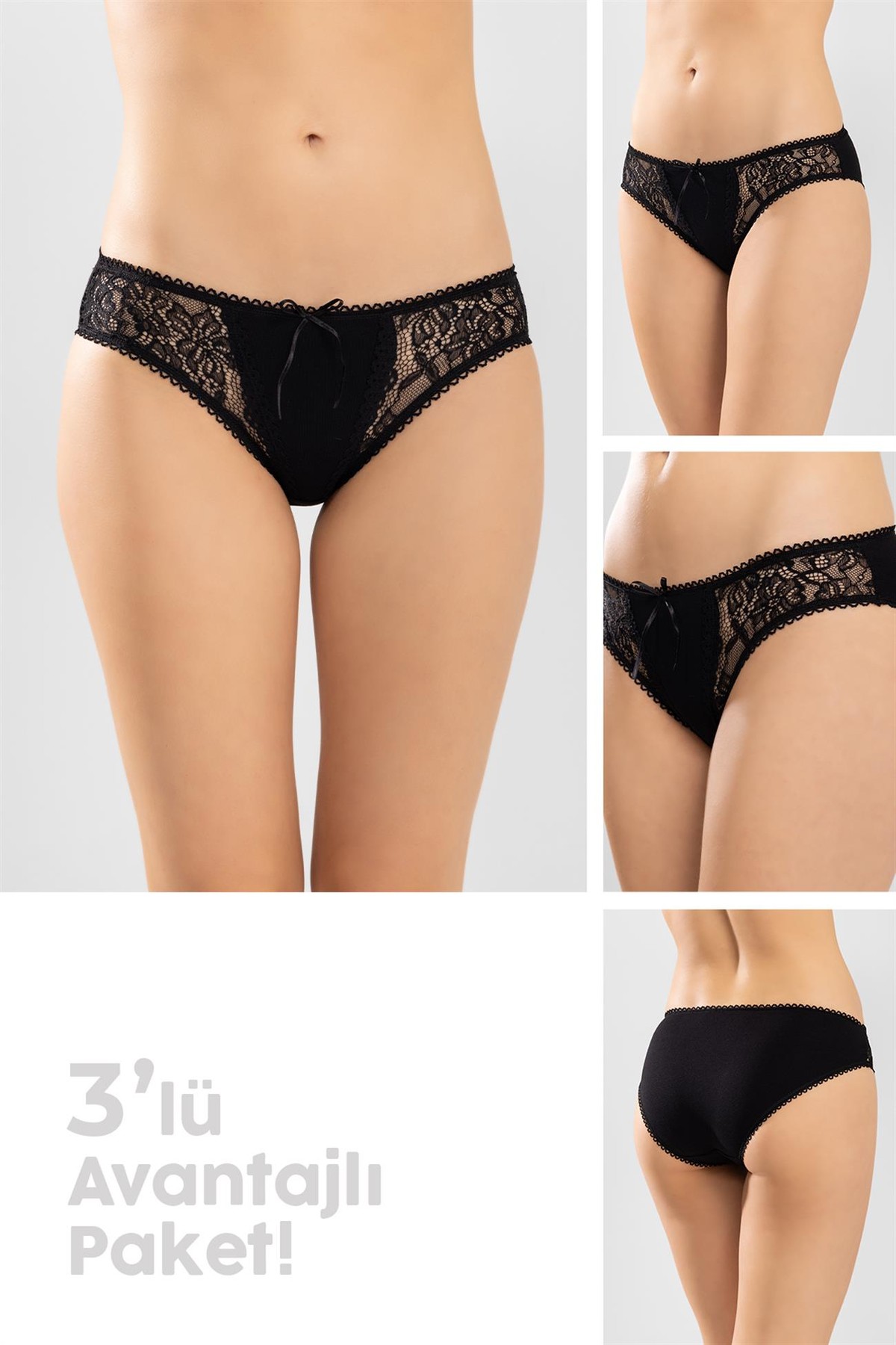 Kadın Pamuklu Bikini Kesim Dantelli Külot 3'lü Paket Siyah