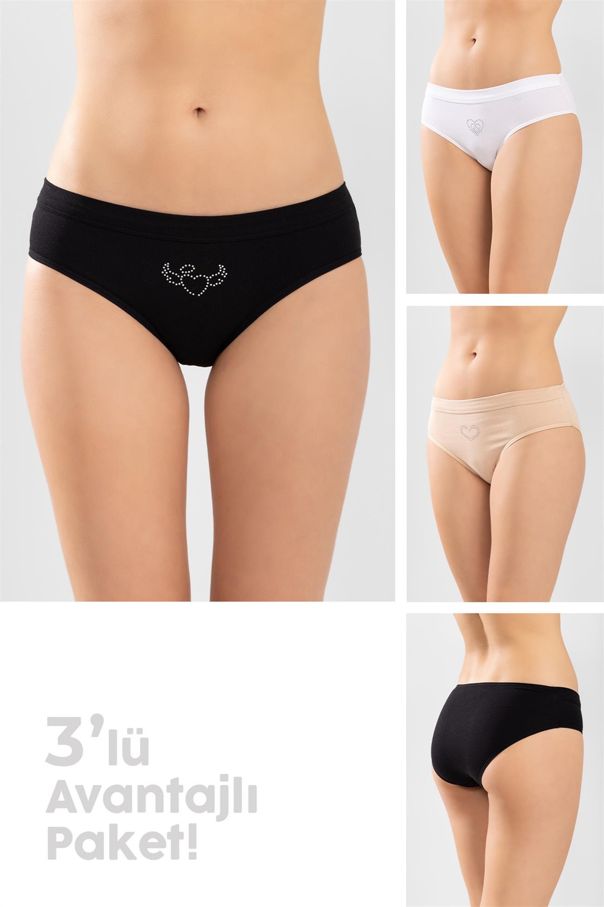 Kadın Pamuklu Bikini Kesim Taş İşlemeli Düz Külot 3'lü Paket Ten Rengi