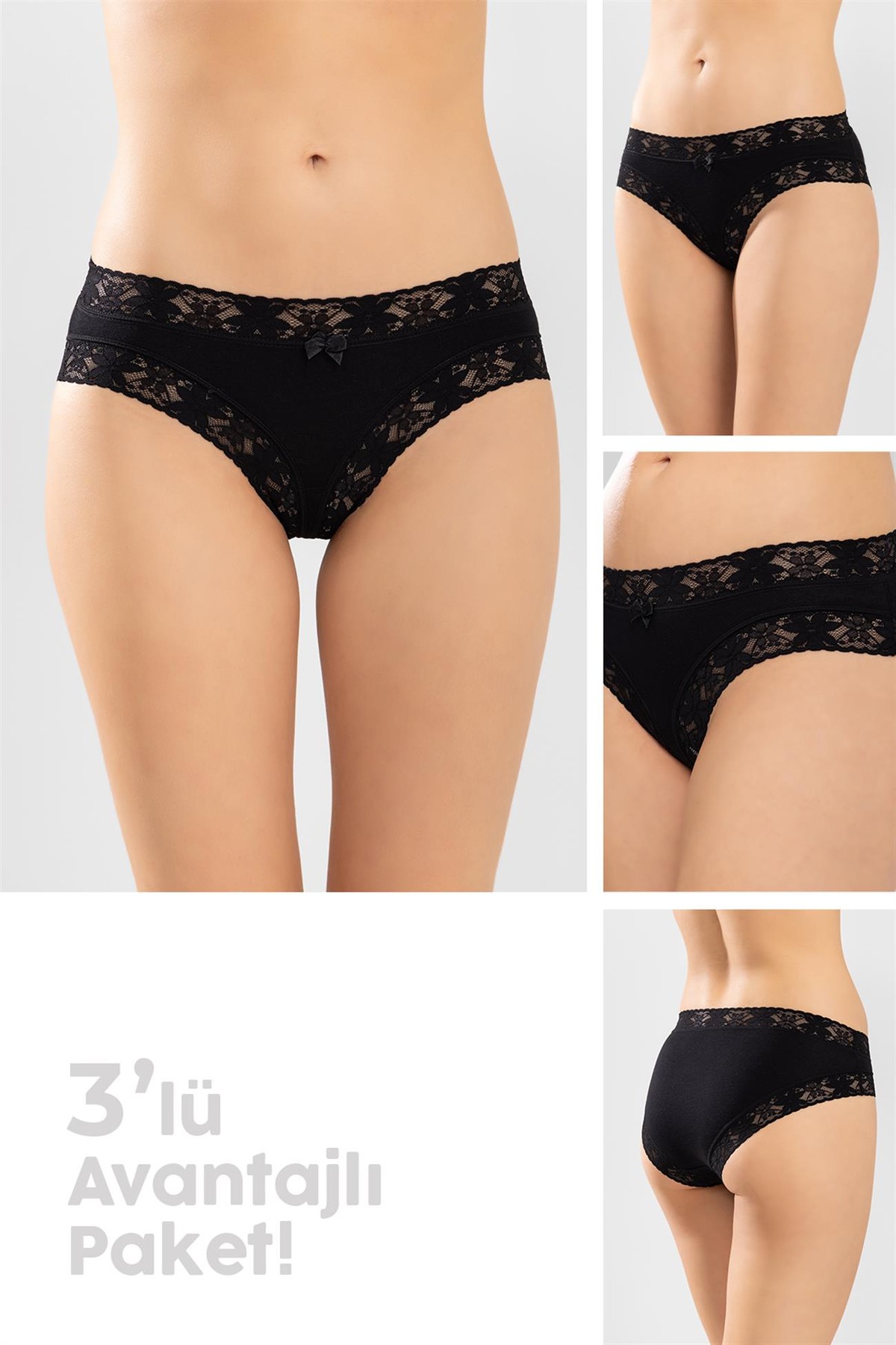 Kadın Pamuklu Dantelli Bikini Kesim Düz Külot 3'lü Paket Siyah