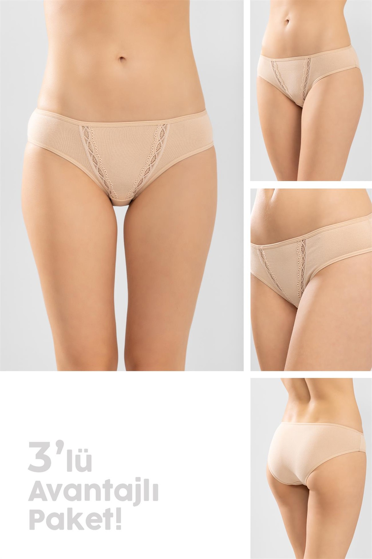 Kadın Pamuklu Zikzak İşlemeli Bikini Kesim Külot 3'lü Paket Ten Rengi