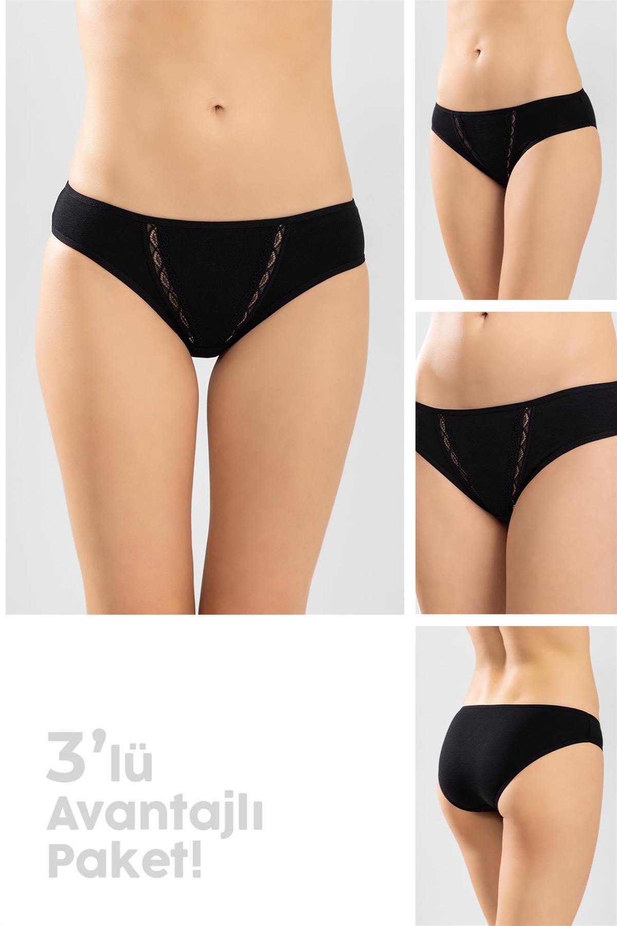 Kadın Pamuklu Zikzak İşlemeli Bikini Kesim Külot 3'lü Paket Siyah