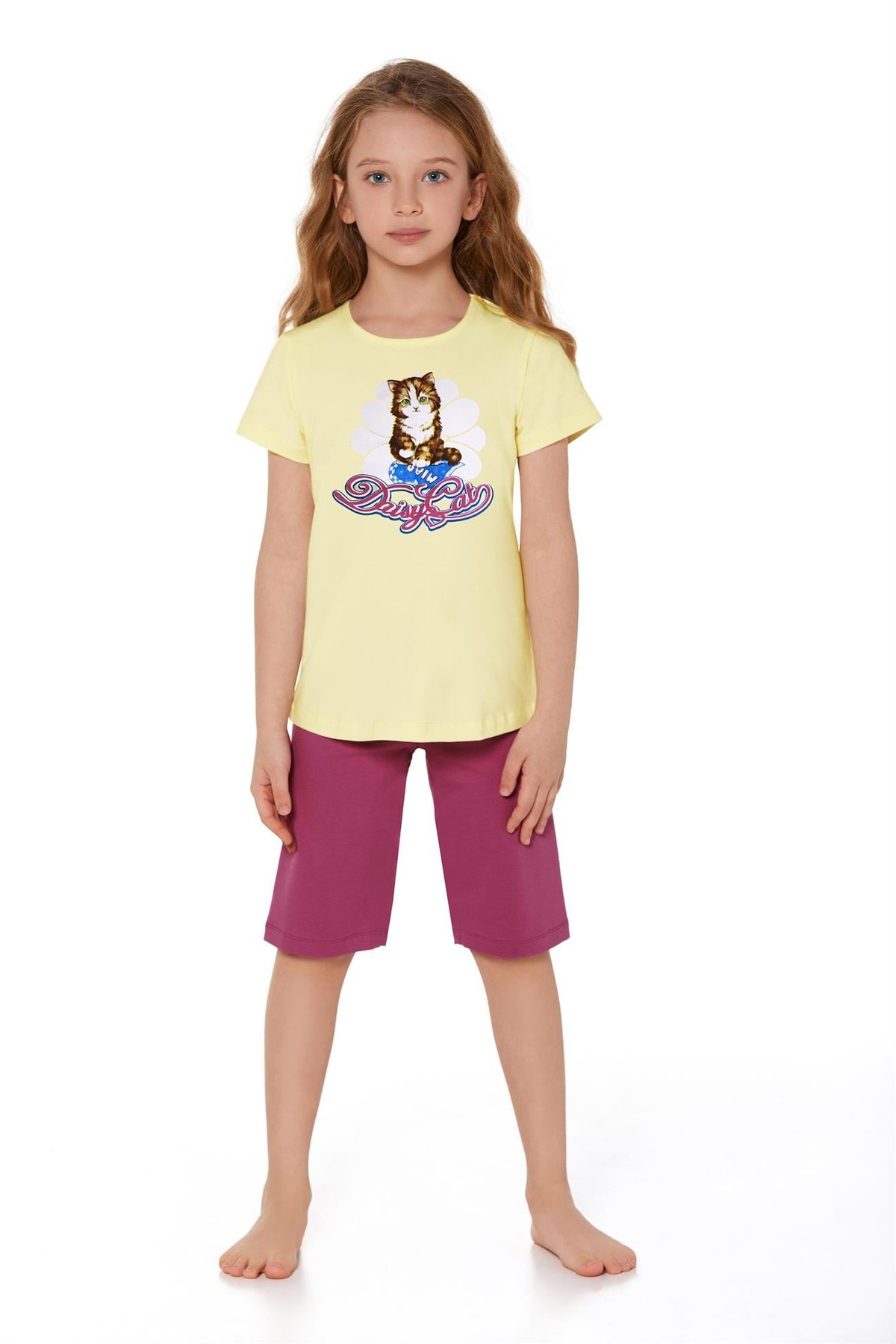 Kız Çocuk Pamuklu Bisiklet Yaka Baskılı Kısa Kol Şortlu Pijama Takımı 9218 Sarı