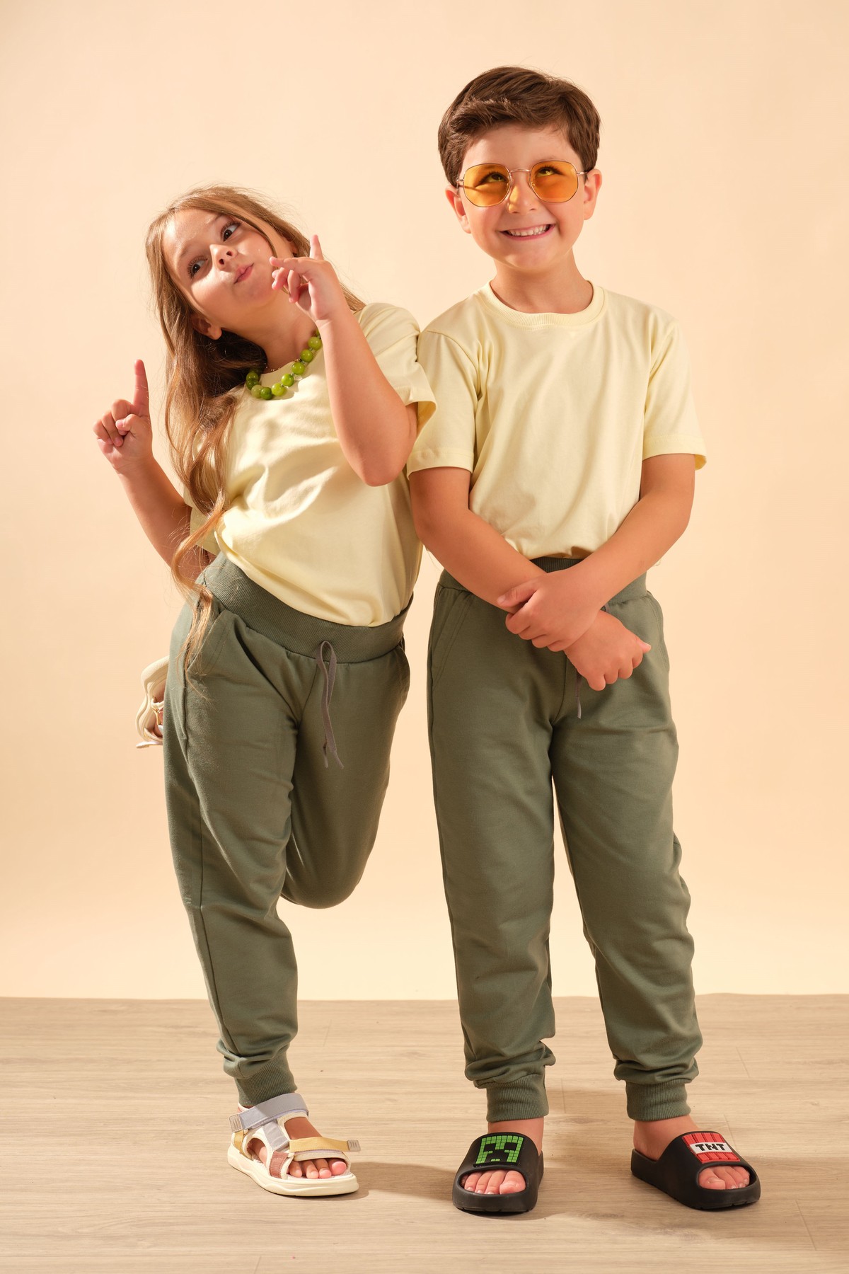 Unisex Çocuk Beli Lastikli Cepli Pamuklu Jogger Eşofman Pantolon 9055 Yeşil