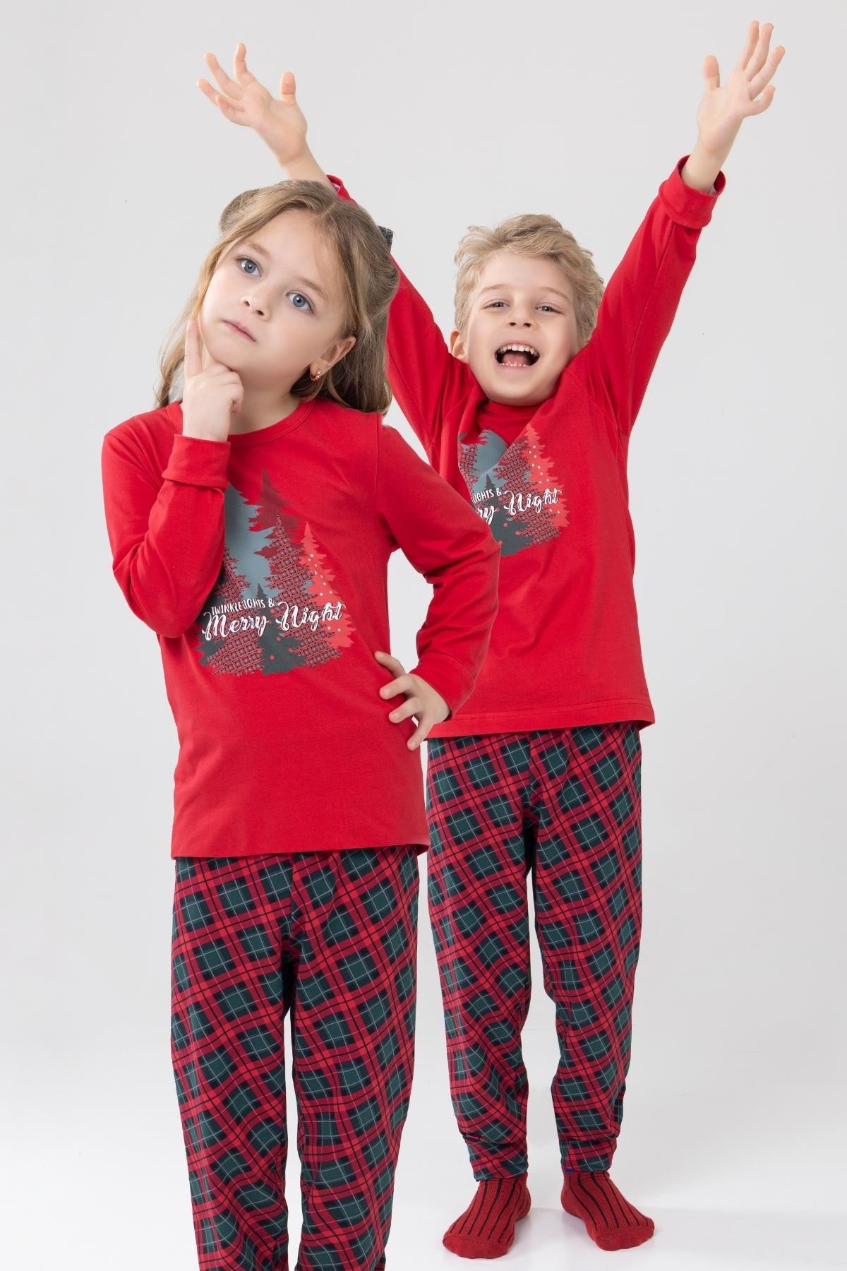 Unisex Çocuk Uzun Kollu Pijama Takımı 9505 Kırmızı