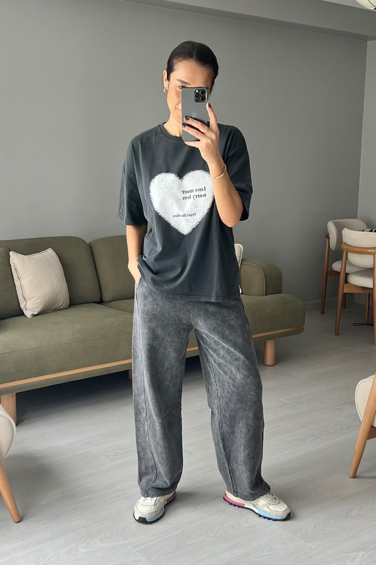 Kalp Baskılı Oversize T-shirt