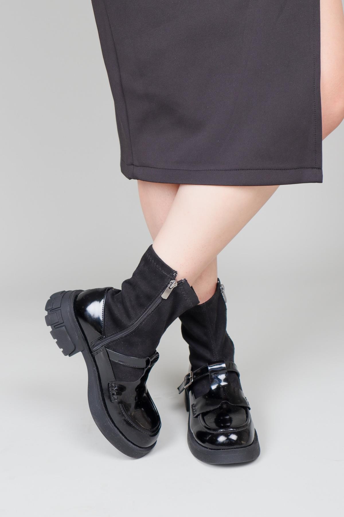 BRANKA Rugan-Süet Kemerli Bot SİYAH