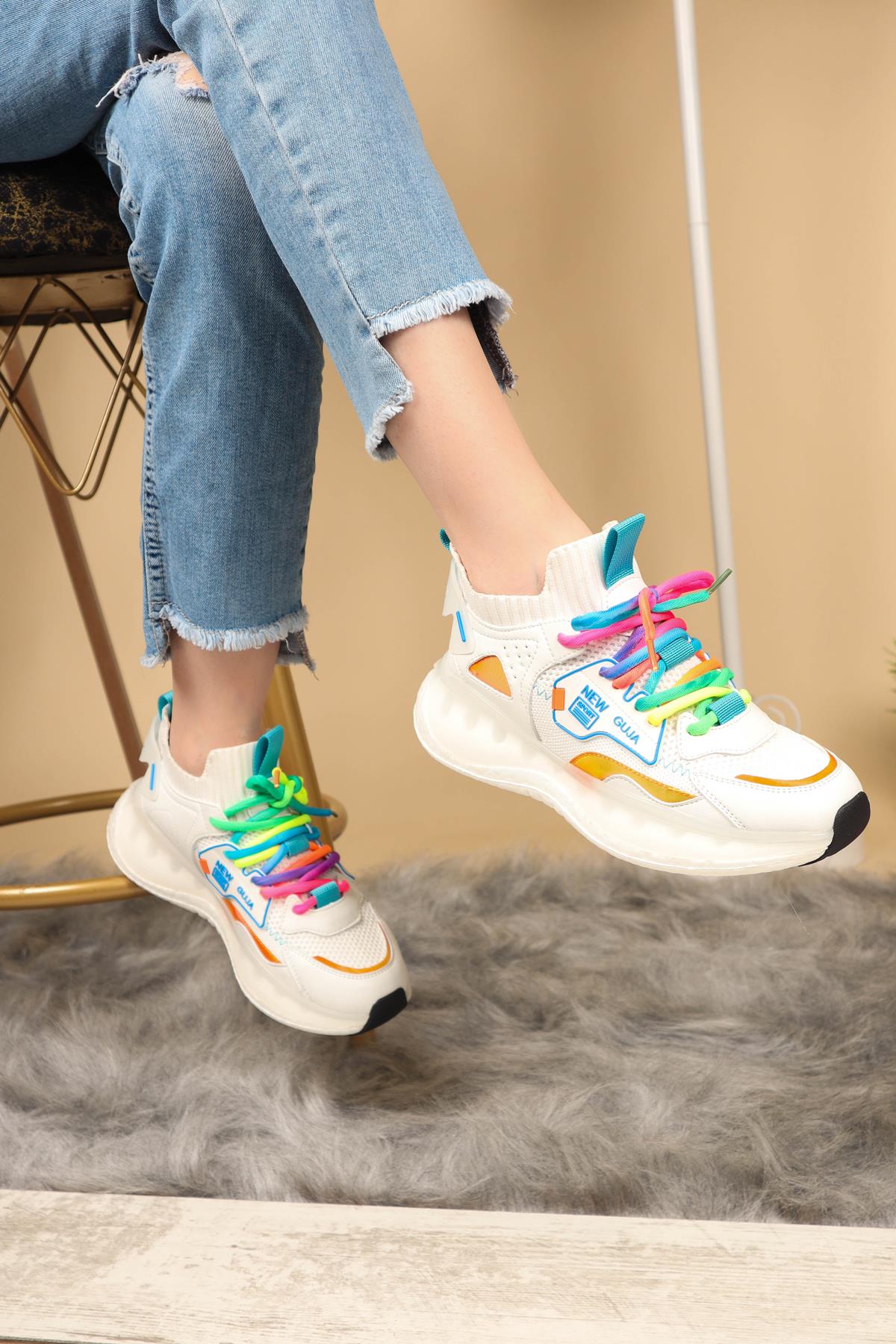 GUJA Renkli Bağcıklı Triko Unisex Spor Ayakkabı BEYAZ