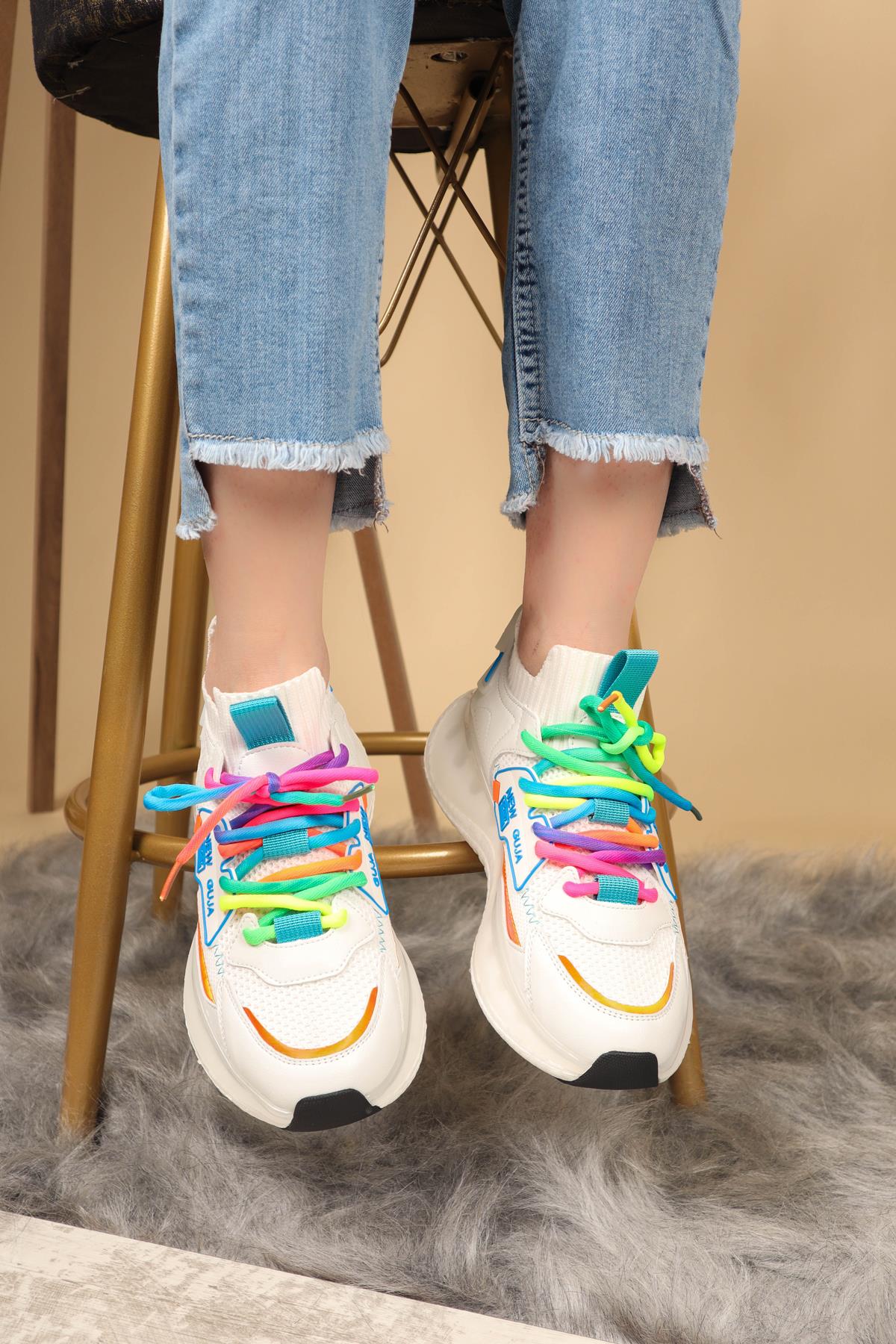 GUJA Renkli Bağcıklı Triko Unisex Spor Ayakkabı BEYAZ