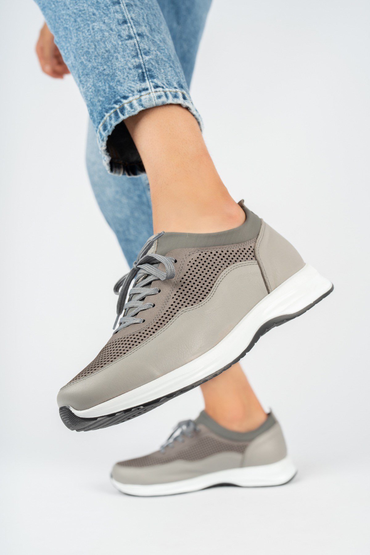 Hakiki Deri Delikli Günlük Casual GRİ