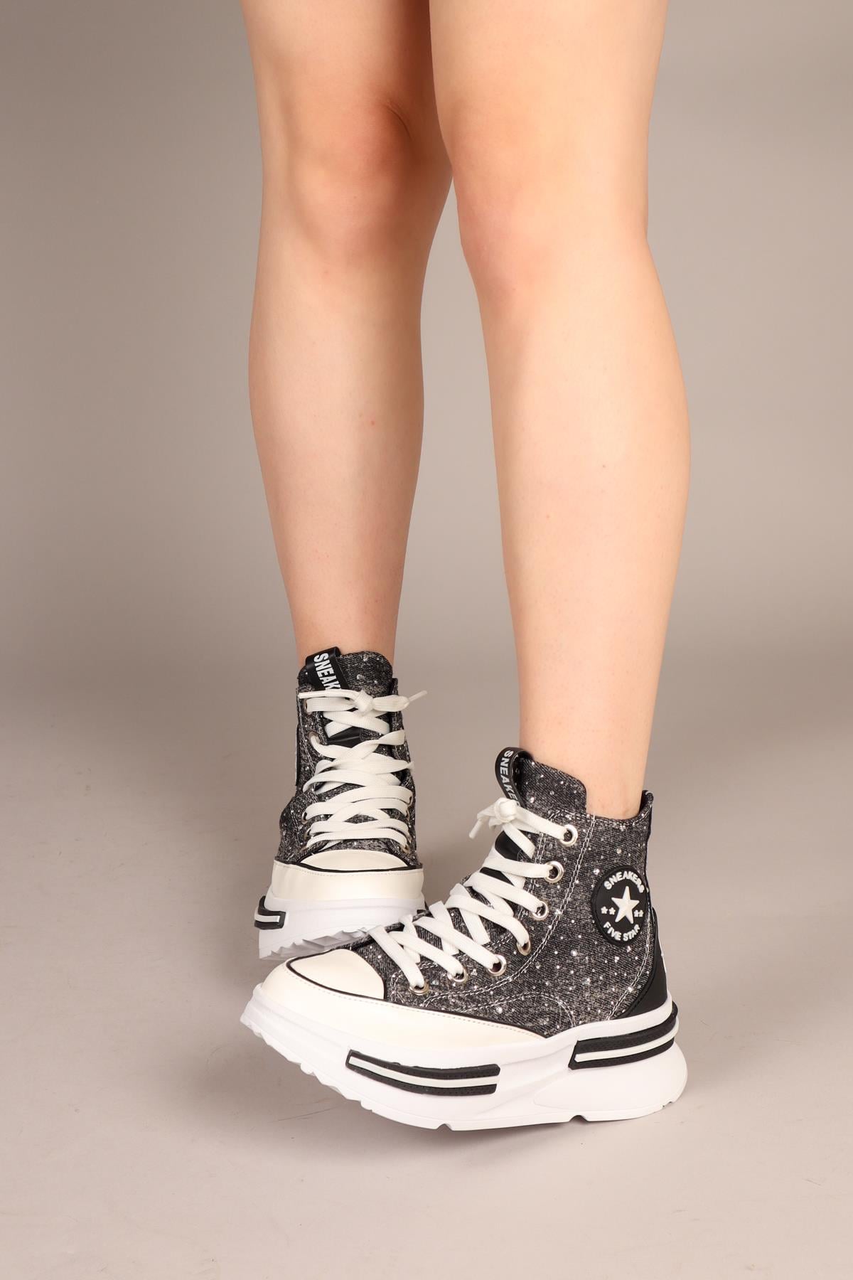 JOYFUL Taş Aksesuarlı Bilekli Kot Sneakers SİYAH