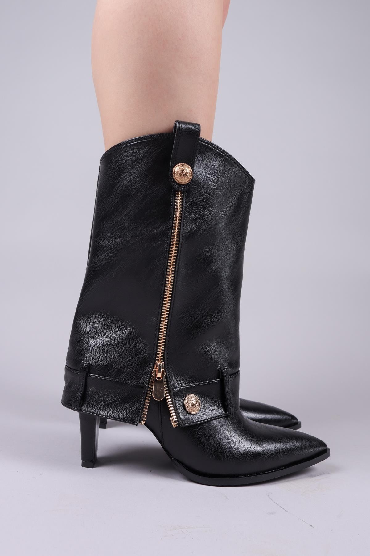 JUNIN Kat Görünümlü Fermuar Aksesuarlı Yarım Çizme SİYAH