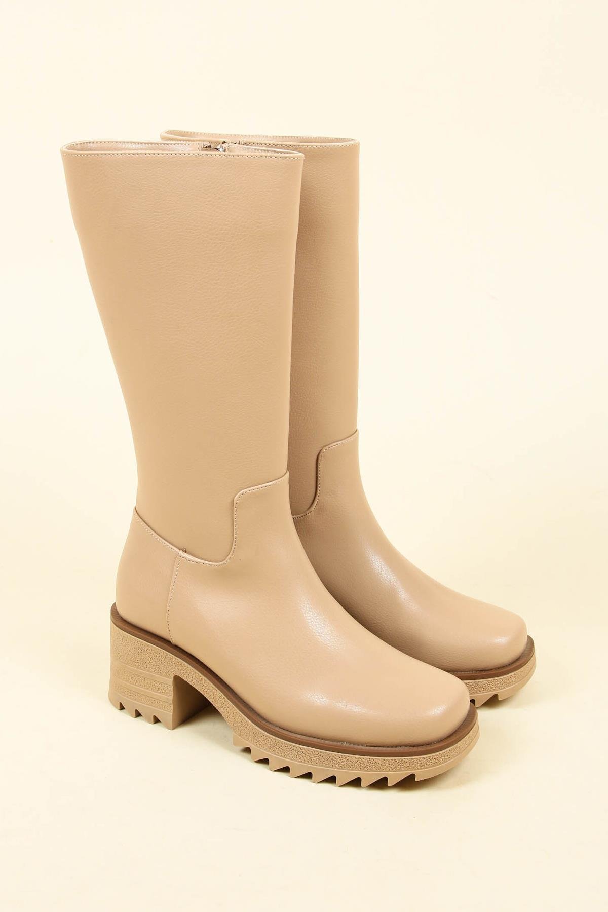 Kalın Topuk Cilt Yarım Çizme NUDE