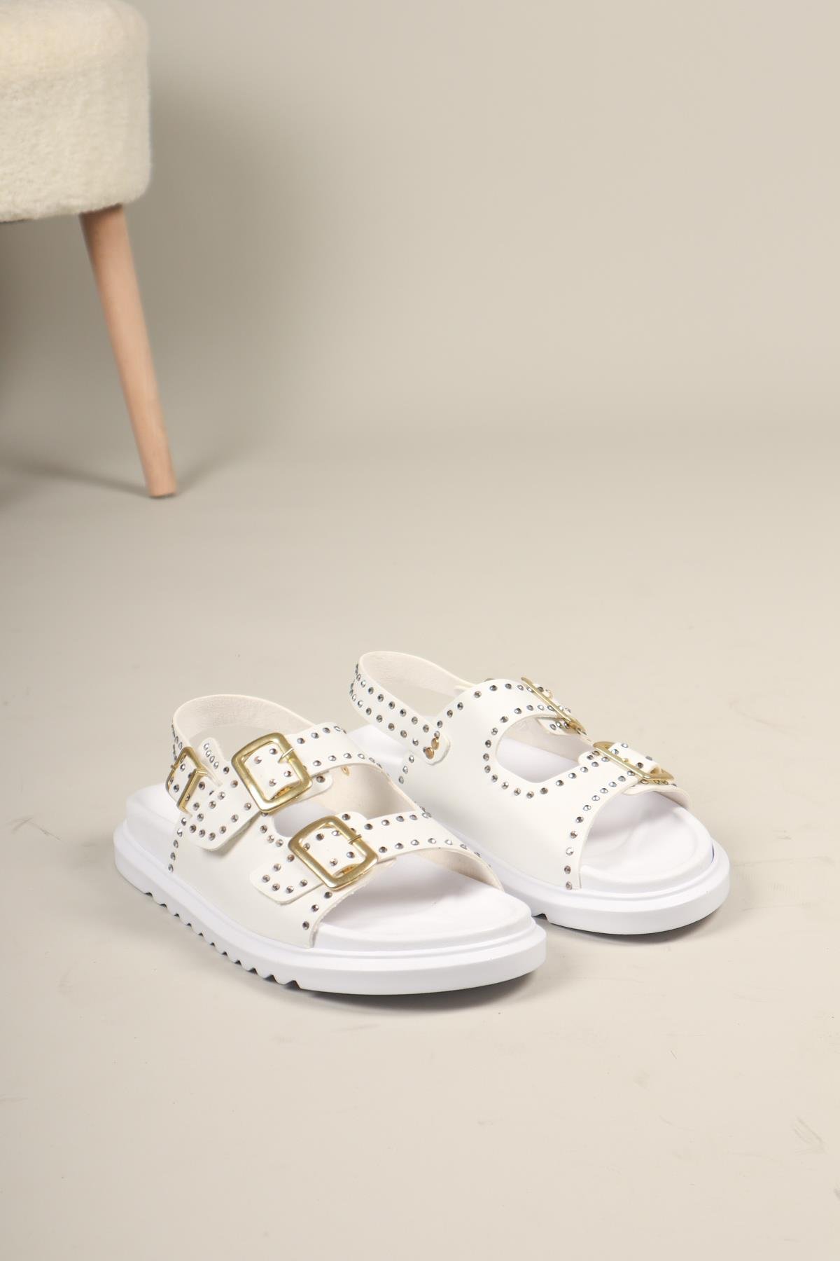 Mila Taşlı Çift Tokalı Arkadan Bağlamalı Sandalet BEYAZ
