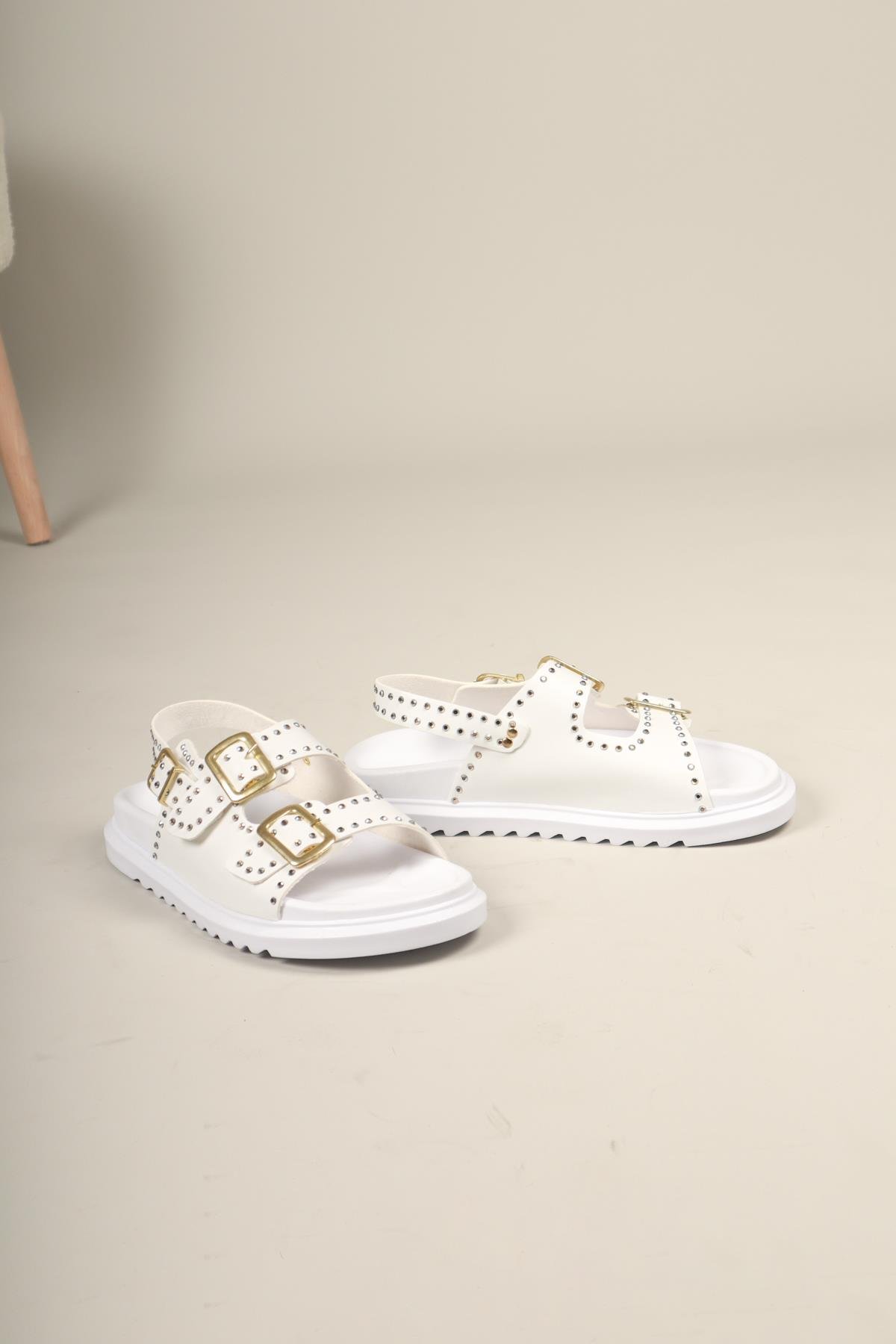 Mila Taşlı Çift Tokalı Arkadan Bağlamalı Sandalet BEYAZ