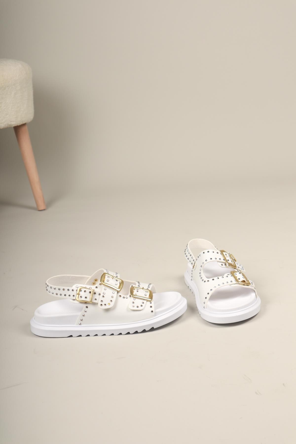 Mila Taşlı Çift Tokalı Arkadan Bağlamalı Sandalet BEYAZ